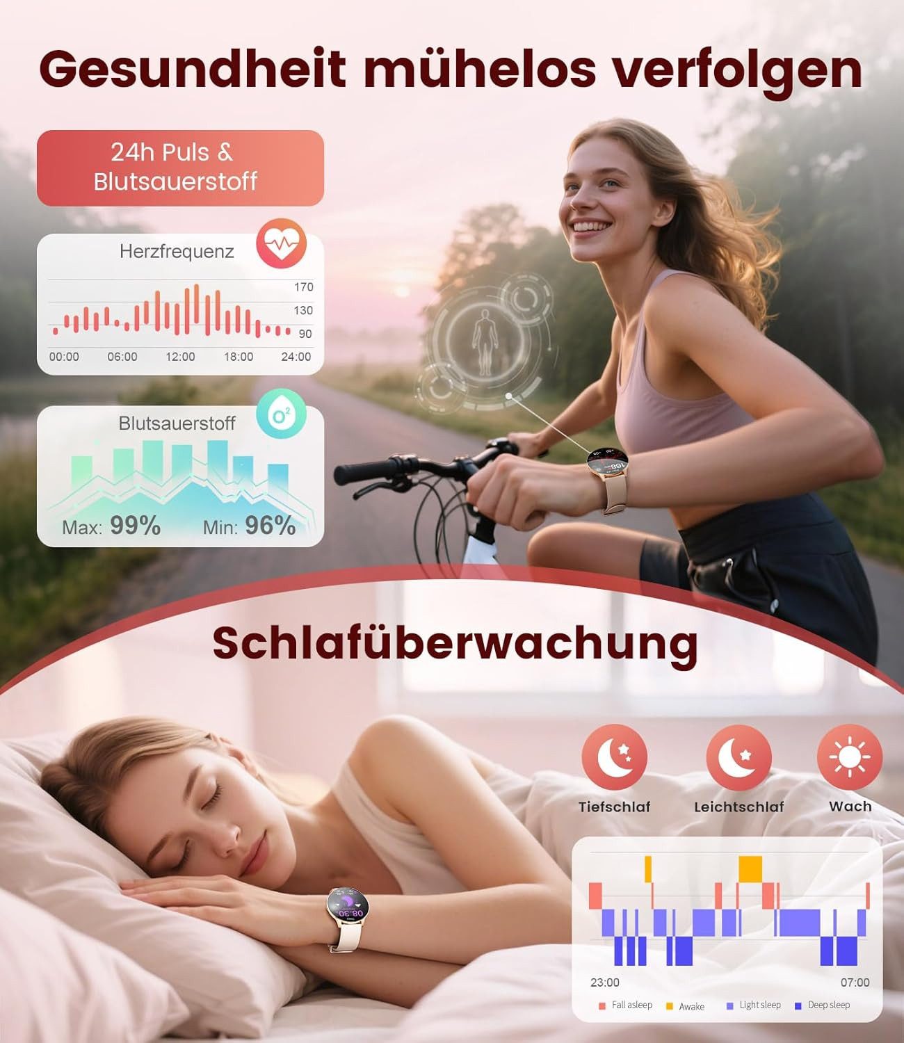 Lige Elegante uhr: mit AMOLED Display und Zyklusüberwachung Smartwatch (3,6 cm/1,43 Zoll, Android iOS), Stilvolle Gesundheitsuhr für Training Schlafanalyse Benachrichtigungen