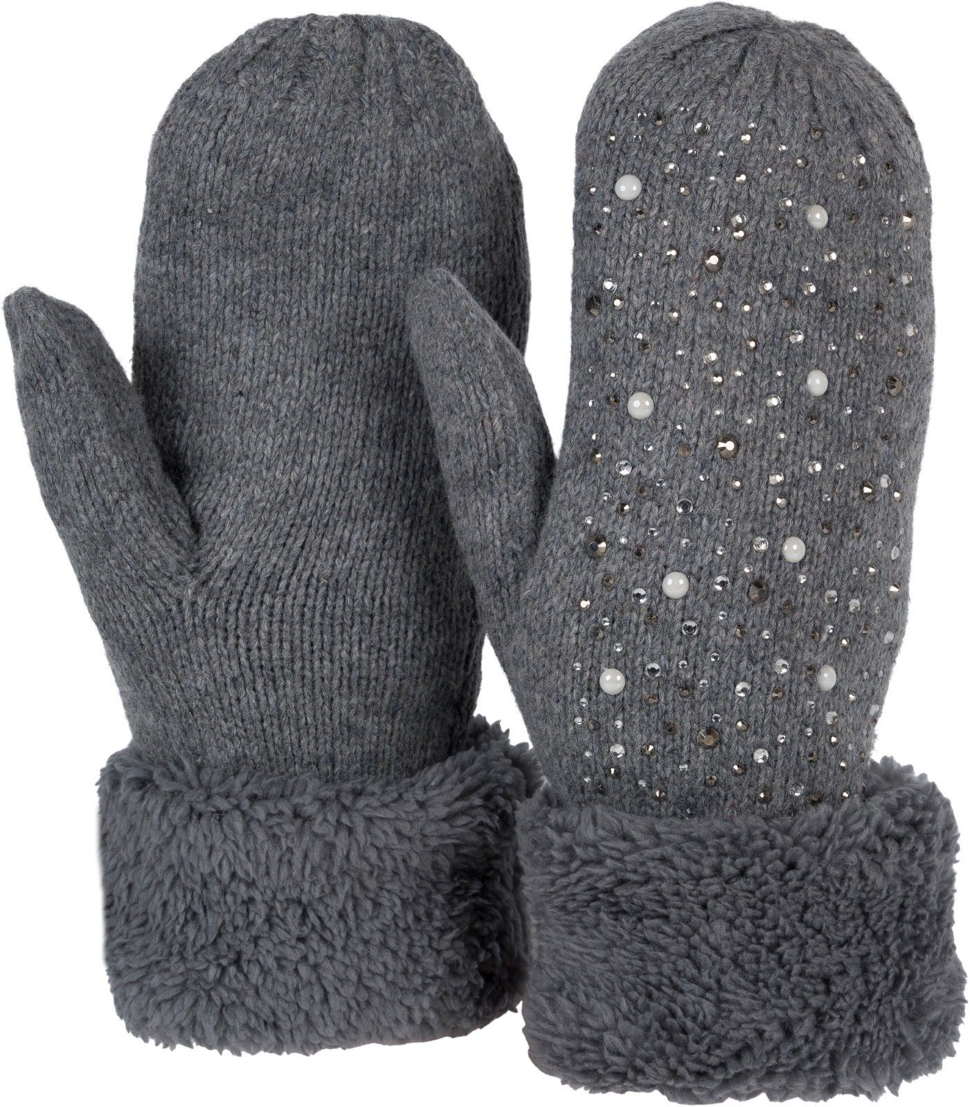 styleBREAKER Fäustlinge Strickhandschuhe Fäustlinge mit Strass und Perlen (1-St)