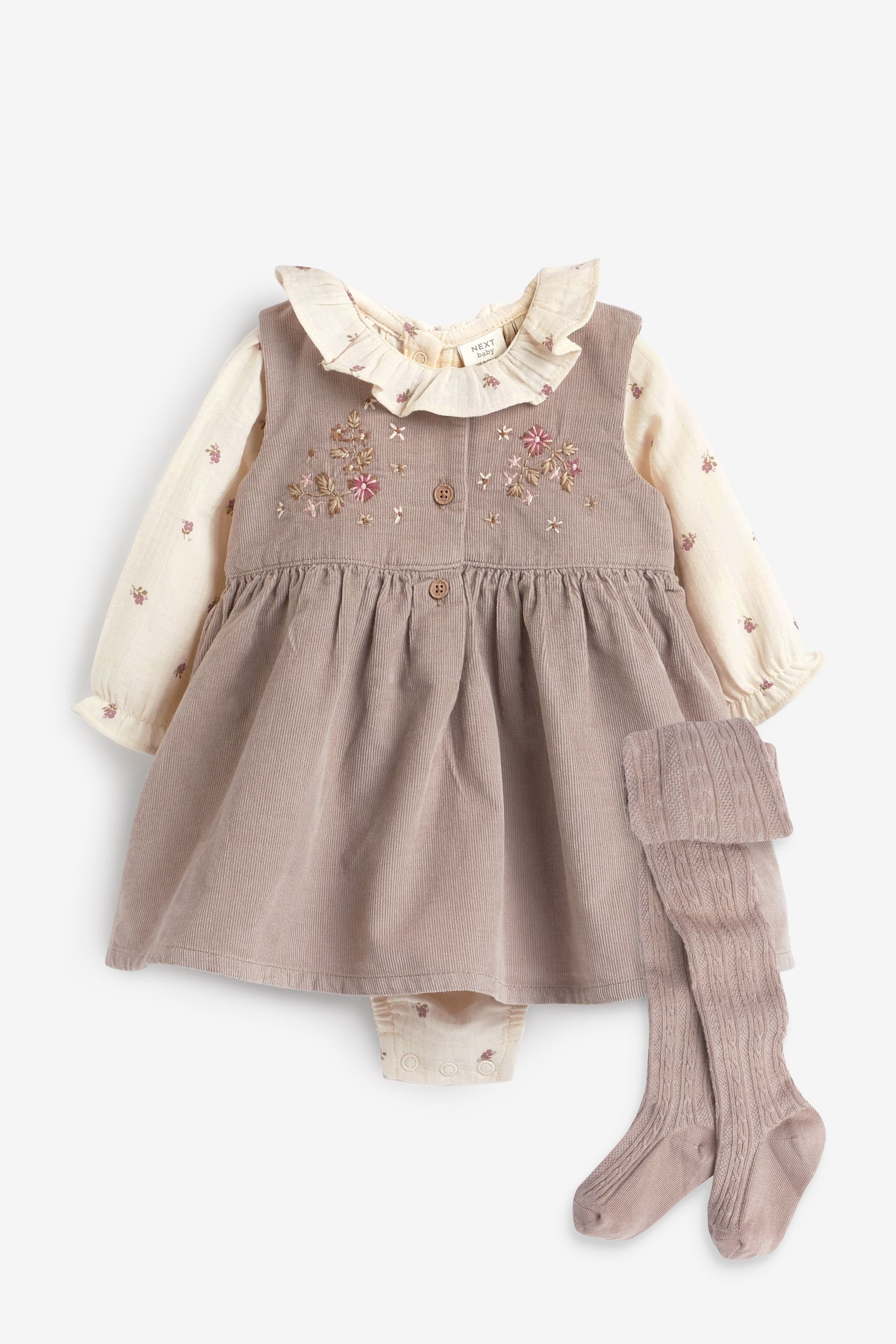 Next Latzkleid 3er Baby-Set Bodysuit (3-tlg) mit und Trägerkleid Pink Embroidered