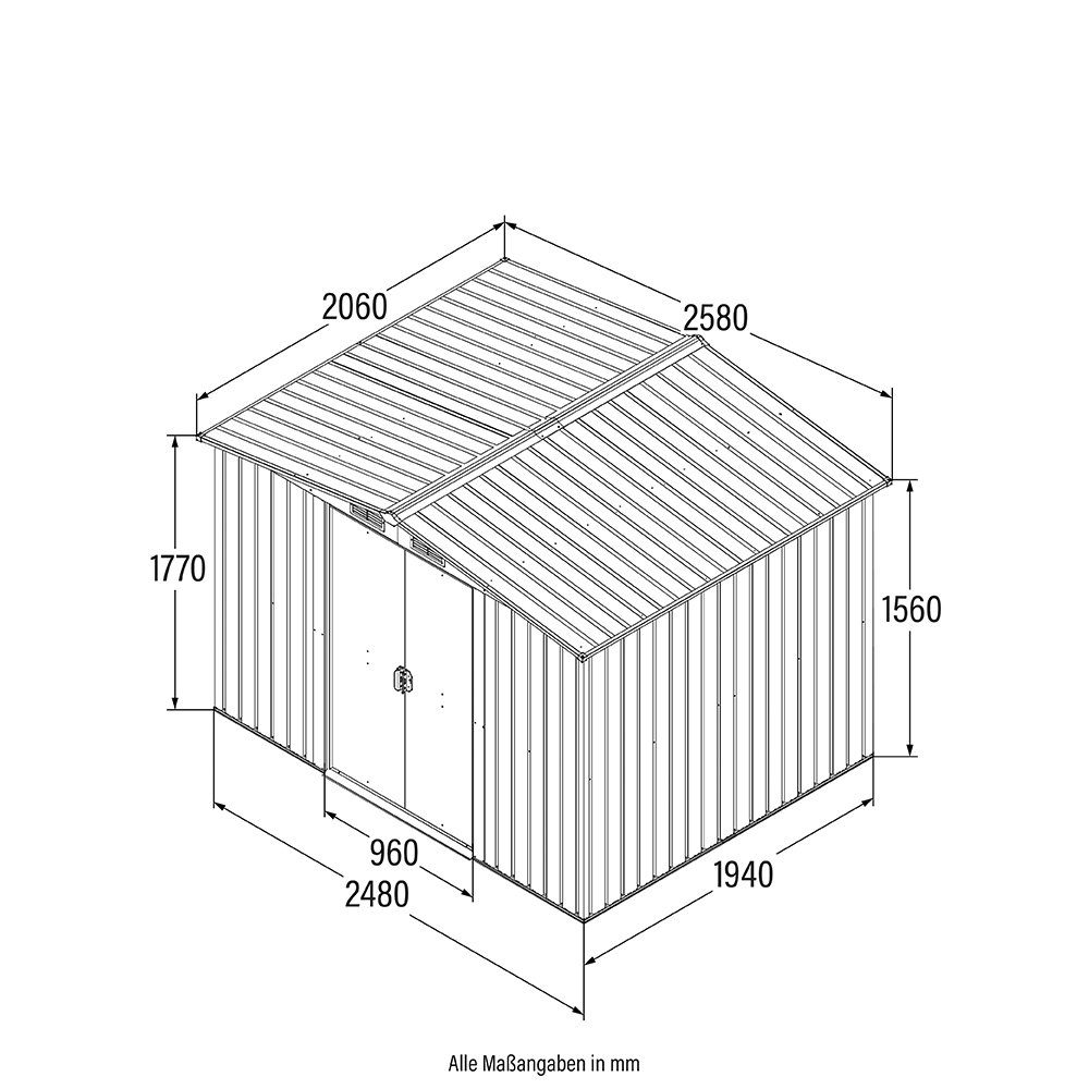 HOME DELUXE Gerätehaus Geräteschuppen BOHIO - XL, BxT: 258x194 cm, 7,5 m³ Gartenhaus, verzinktes Stahlblech 4 Belüftungsöffnungen