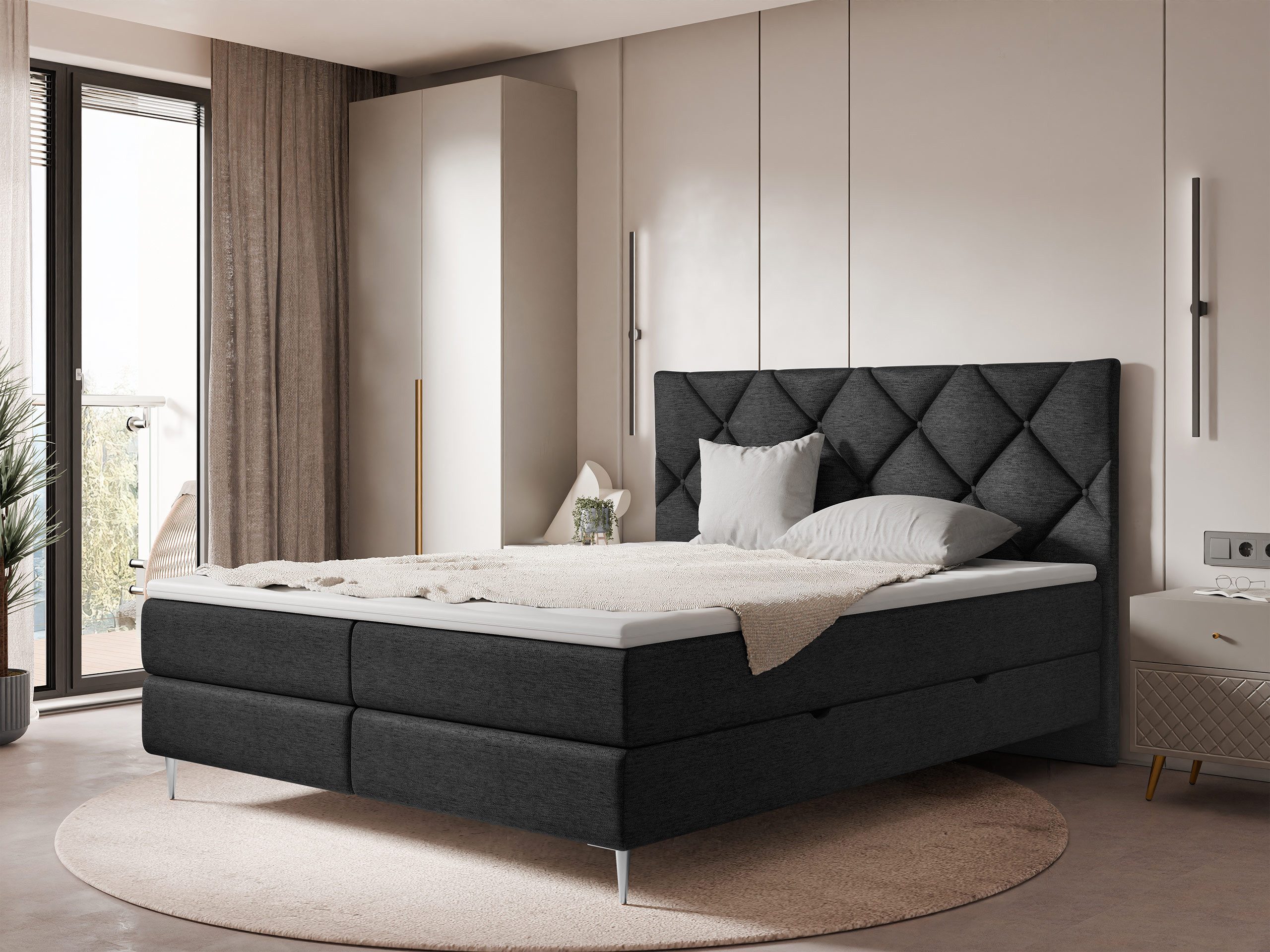 MIRJAN24 Boxspringbett Letra (mit zwei Bettkästen), Metallfüße, Härtegrad H3, 140/160/180x200 cm
