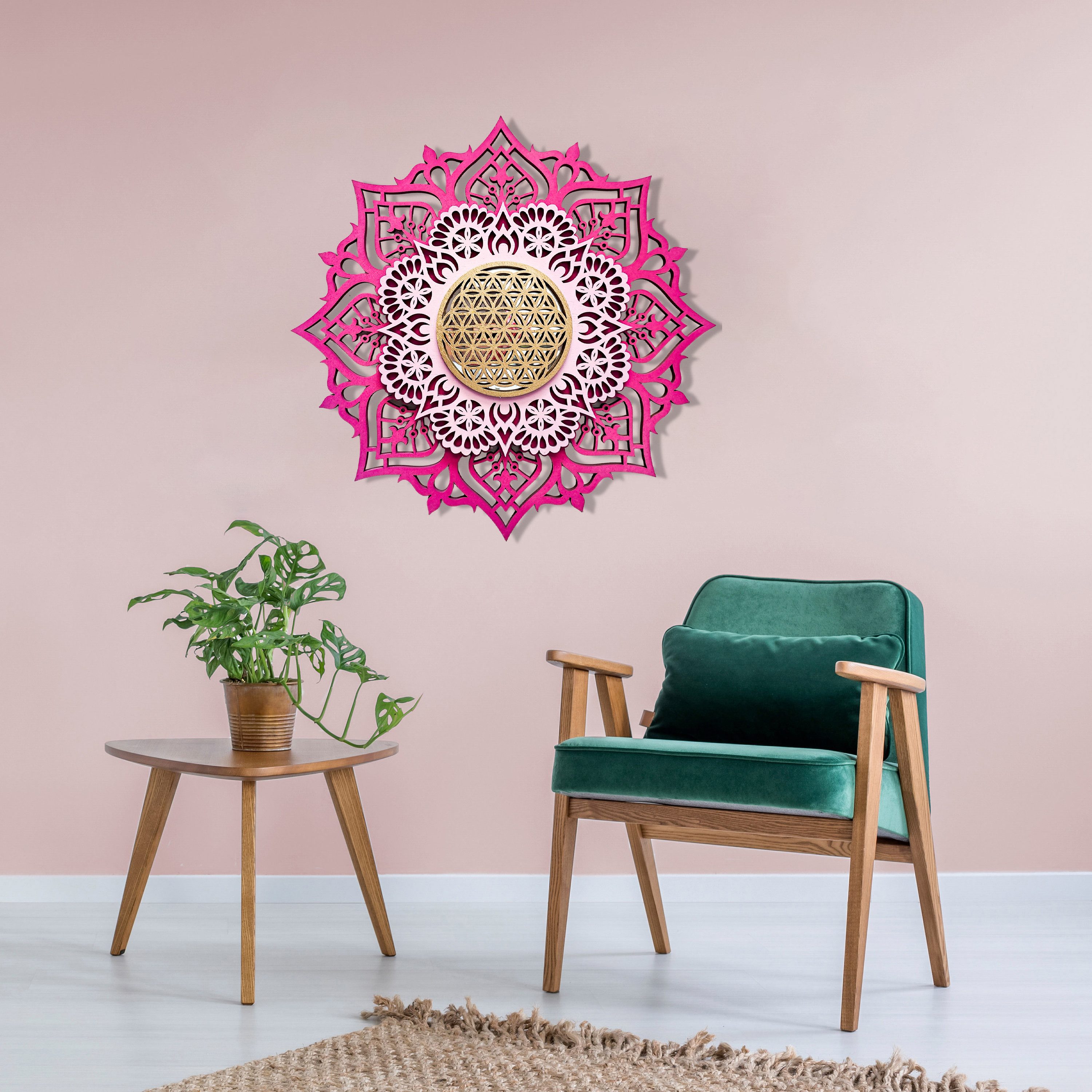 ORNAMENTI Wanddekoobjekt 3D MANDALA, Grosse moderne boho Wanddeko, Holz, 3 Schichten, Spiegel (moderne Deko Anhanger, Yoga Wandsculptur, Holzbild, stilvolle Wanddekoration, Wandpaneel, Ornament, geschnitz Wandrelief), Verzierung fur Zuhause, Wohnzimmer, Schlafzimmer, Wandkunst, 5 Größen
