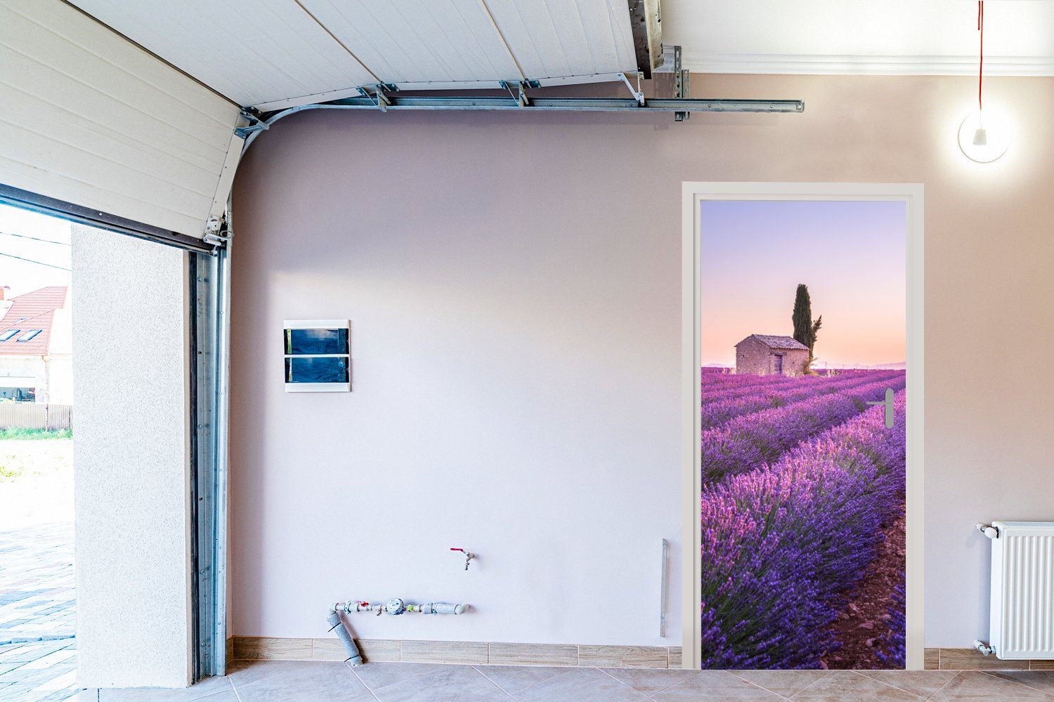 cm Lila - Türaufkleber, MuchoWow Fototapete - Matt, bedruckt, - für St), Türtapete Tür, (1 75x205 Blumen, Sonnenuntergang Lavendel