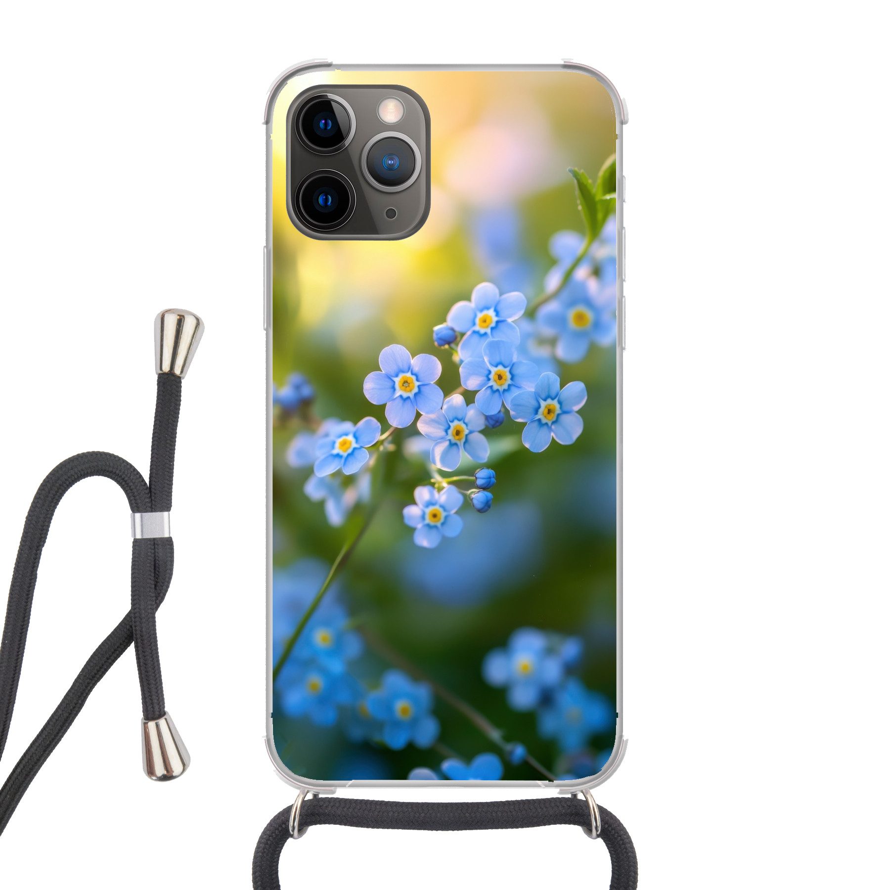 MuchoWow Handyhülle für Apple iPhone 12 Pro Blumen - Blau - Vergissmeinnicht, Tragbare Handyhüllen mit Kette zum umhängen, Handykette Handyband