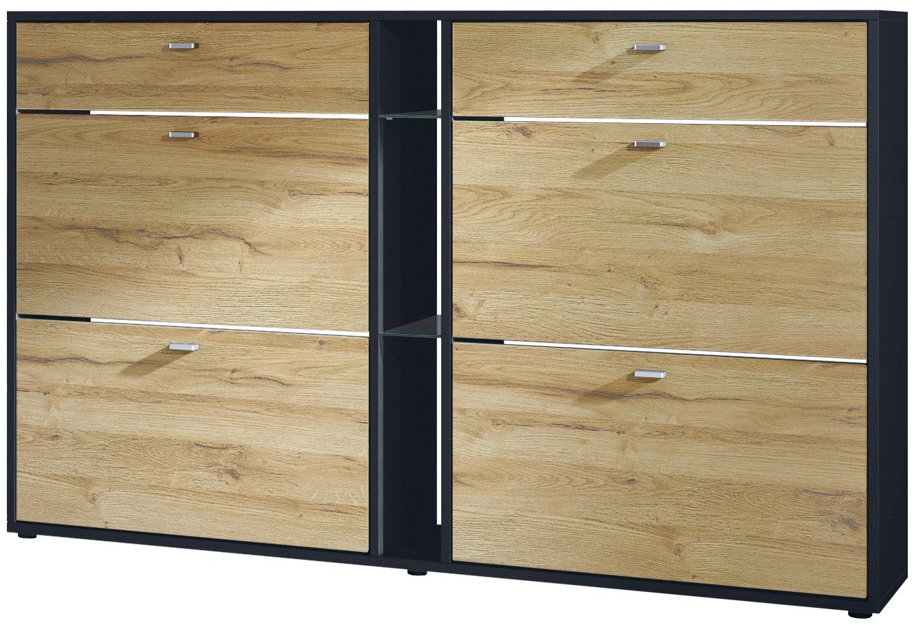 Vladon Schuhschrank Today (Schuhkipper für 24 Paar Schuhe mit 4 Klappen, 2 Schubladen und 3 offene Fächer) Schwarz matt/Eiche Natur (155,5 x 95 x 28 cm)