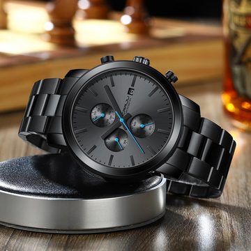 CRRJU Fur Herren mit Schwarz Stoppuhr Chronographen EdelstahlBand Watch, mit Datum Analog Quarzuhren Wasserdicht Armbanduhr Business