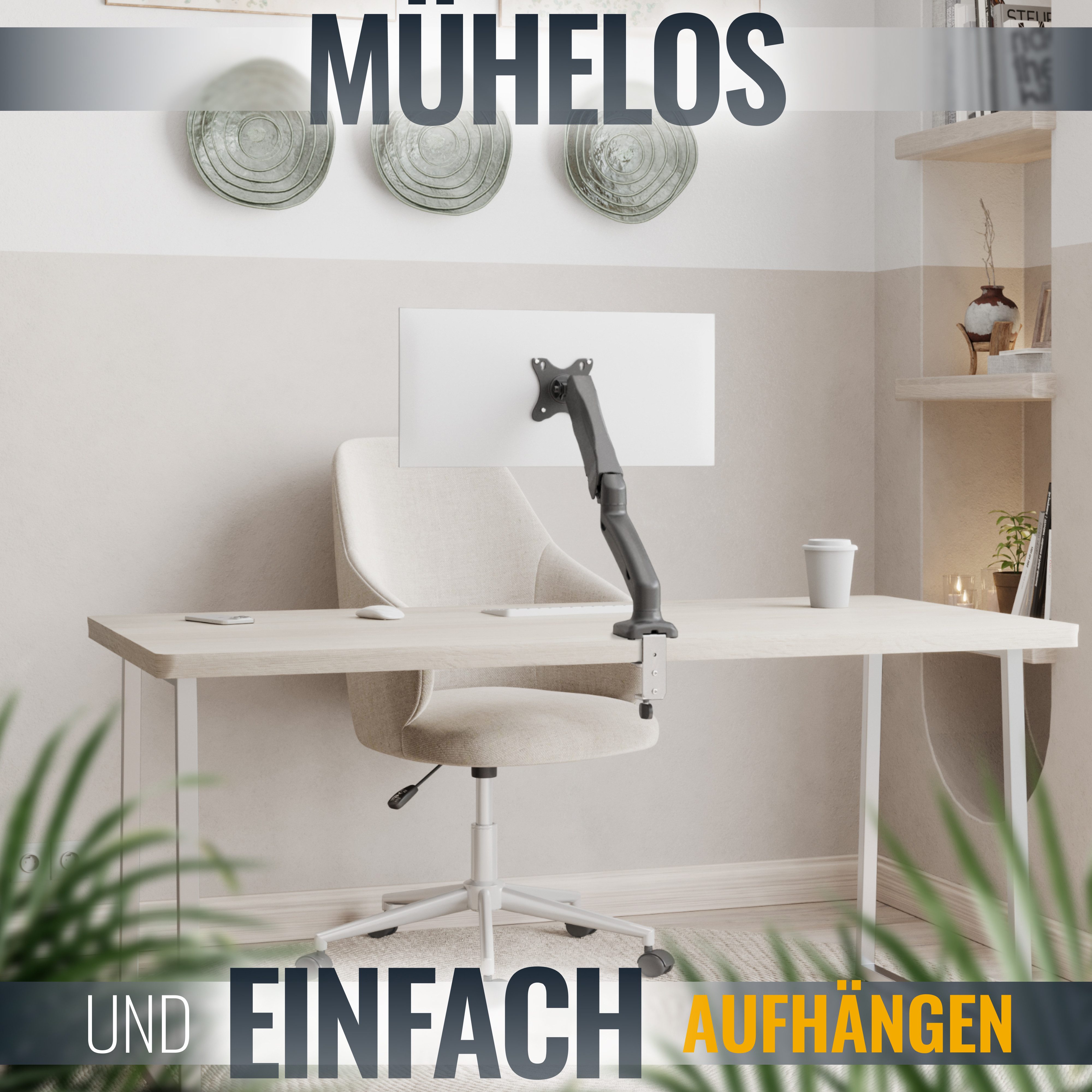RICOO Monitor-Halterung Monitor Tischhalterung mit Gasdruckfeder TS9311, (bis 27 Zoll, VESA 75x75 und 100x100, 1-tlg., 2-5 kg Belastbarkeit, von 33-69 cm (13"-27) Bildschirm-Diagonale, neigbar +45°/-90°, schwenkbar 360°, drehbar bis 360°, höhenverstellbar)