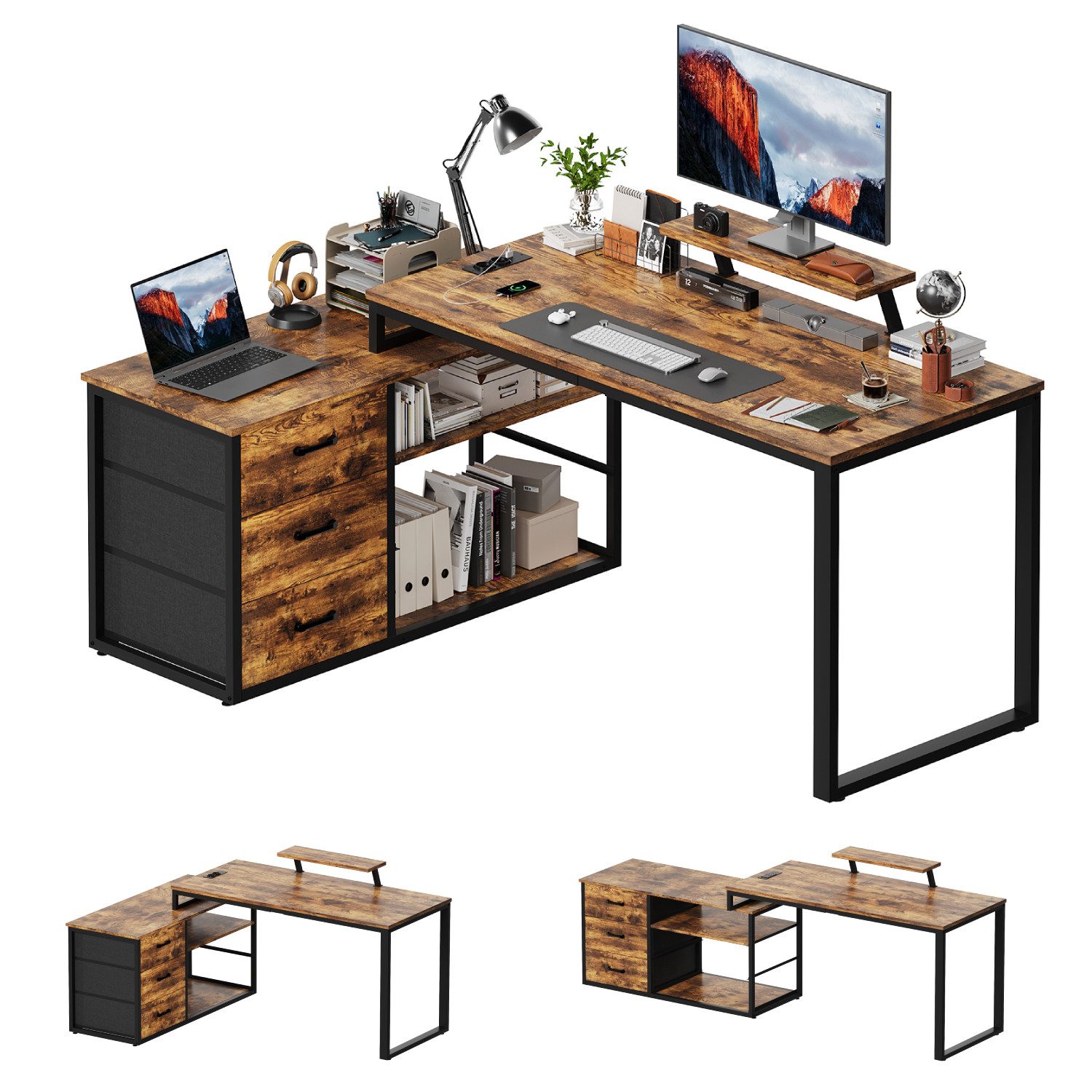 HOMALL Schreibtisch L-förmiger Eckschreibtisch mit USB-Anschluss und zwei Steckdosen. (Abmessungen: 140 x 105 x 75 cm, L-förmiger Schreibtisch Gamingtisch, umwandelbar in einen I-förmigen Schreibtisch, mit 3 Schubladen und 2 Fächern)