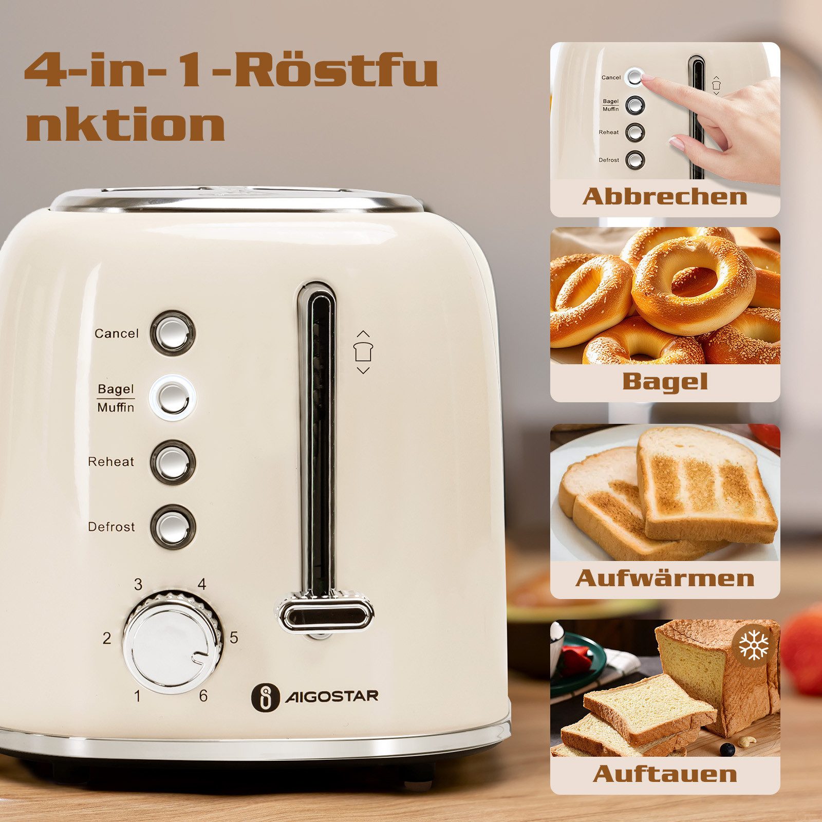 Aigostar Toaster Retro Edelstahl Toaster, 4 Funktionen, 6 Bräunungsstufen, 2 kurze Schlitze, für 2 Scheiben, 800 W, Extra Breite Toastschlitze, Liftfunktion