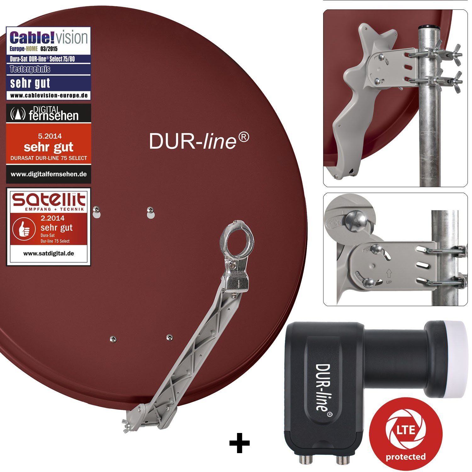 DUR-line DUR-line 2 Teilnehmer Set - Qualitäts-Alu-Satelliten-Komplettanlage - Sat-Spiegel