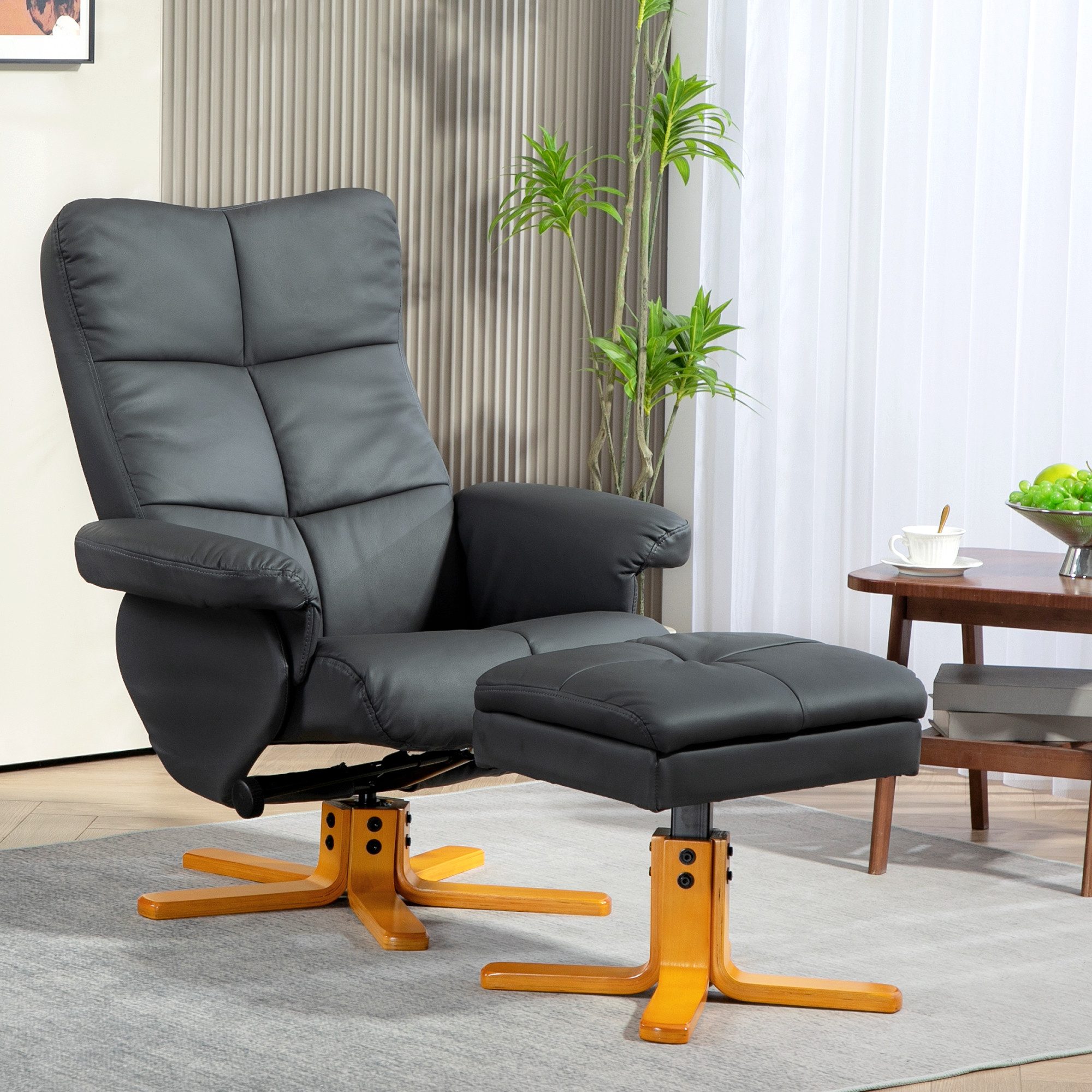 HOMCOM Relaxsessel mit Hocker und Stauraum, mit Liegefunktion (Fernsehsessel, 2-St., 360° drehbarer Sessel), Kunstleder Holzgestell Dunkelgrau 80 x 86 x 99cm