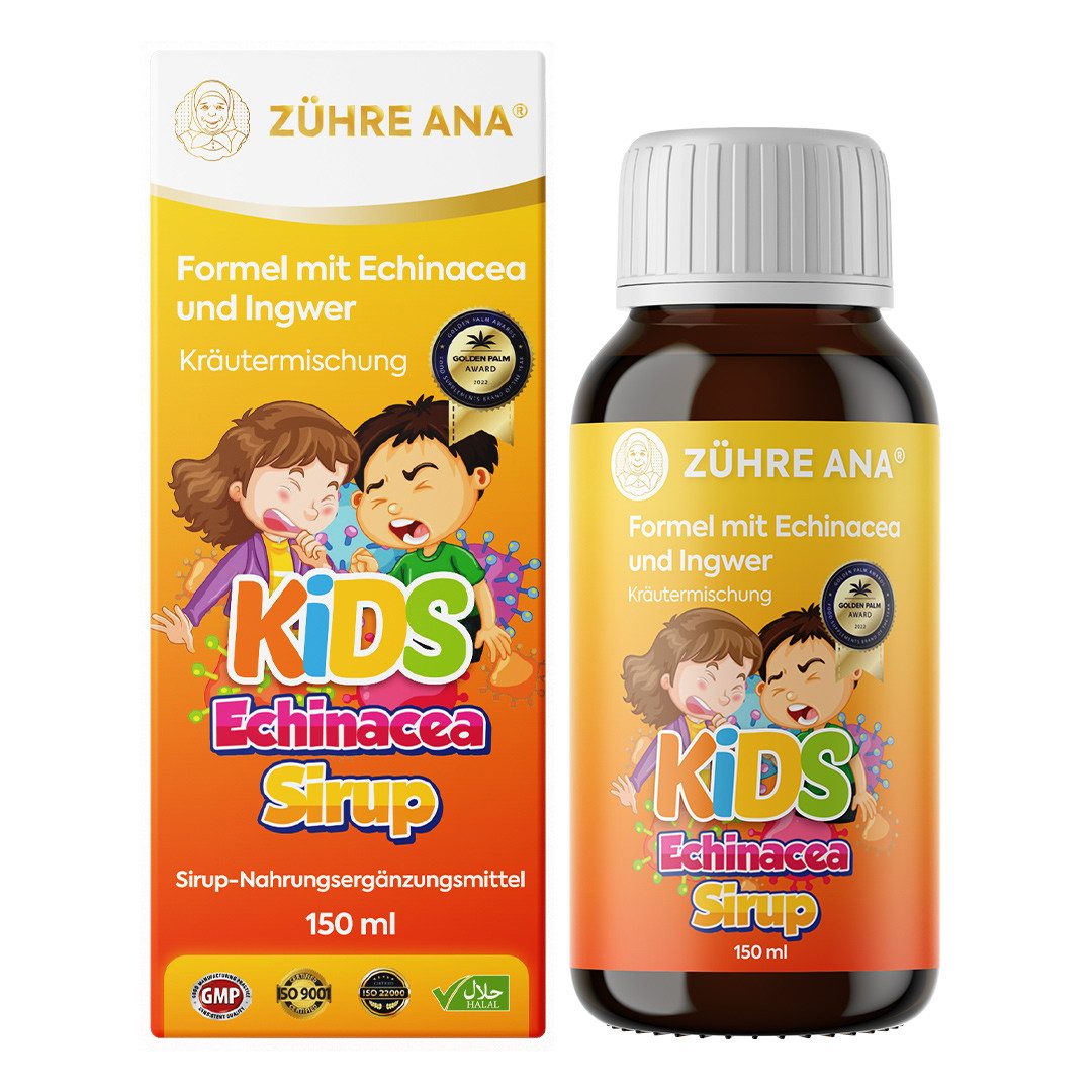 Zühre Ana® Echinacea Pflanzensirup–Mit Ingwer, Thymian, Nelke, Mildes Bananenarom Sirup, 150 ml, Natürliche Kräutermischung gegen Husten.