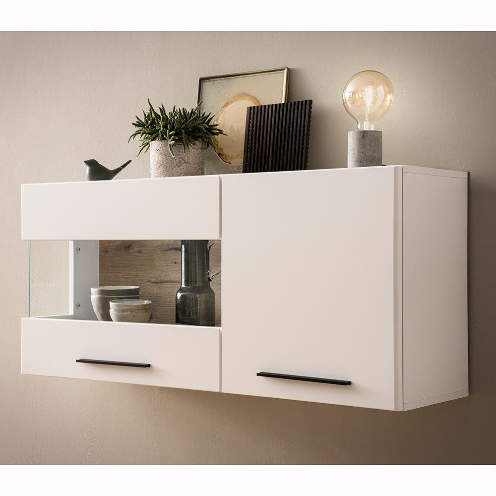 Lomadox Hängevitrine SUTTON-61 weiß Eiche spiegelverkehrt montierbar inkl. Beleuchtung 120 cm breit