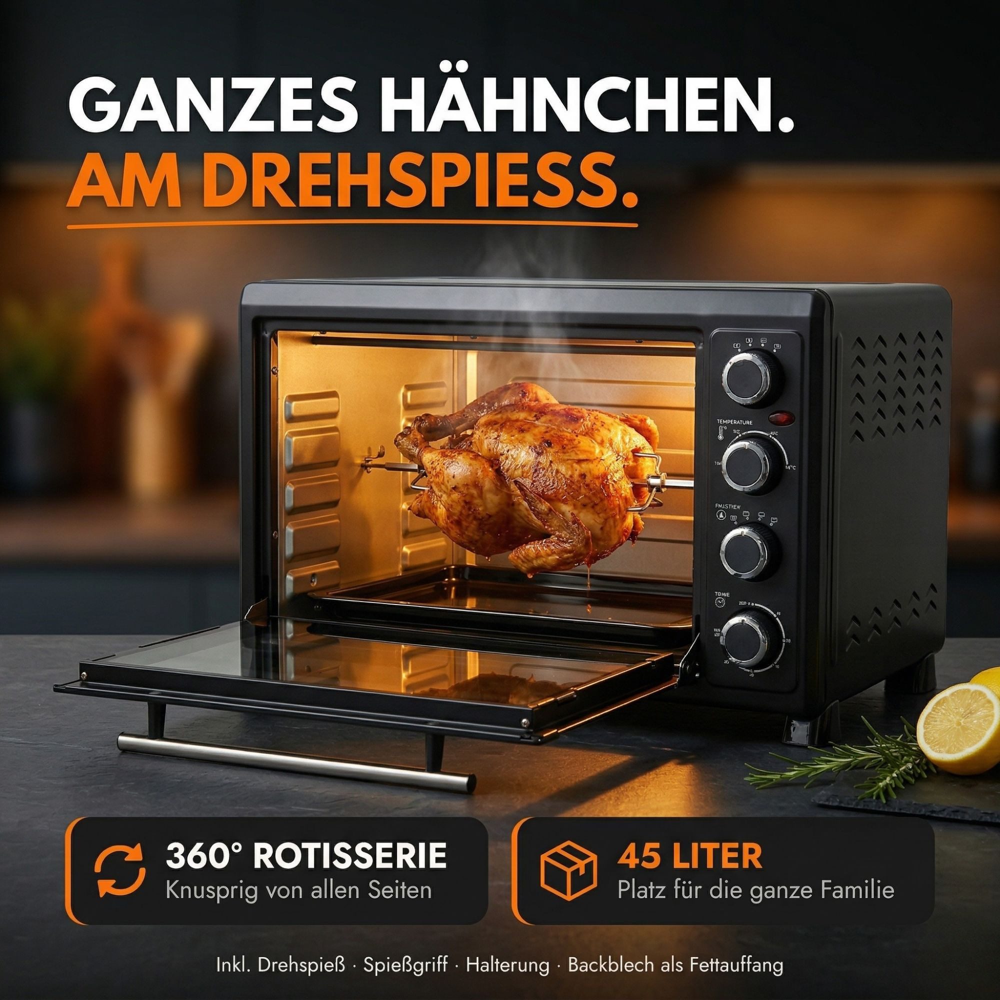 Sommertal Multiofen Sommertal Minibackofen 45L mit Drehspieß & Umluft, 2000W, Hähnchengrill, Backen, Grillen & Pizza, 45 Liter, inkl. 7-tlg Zubehör