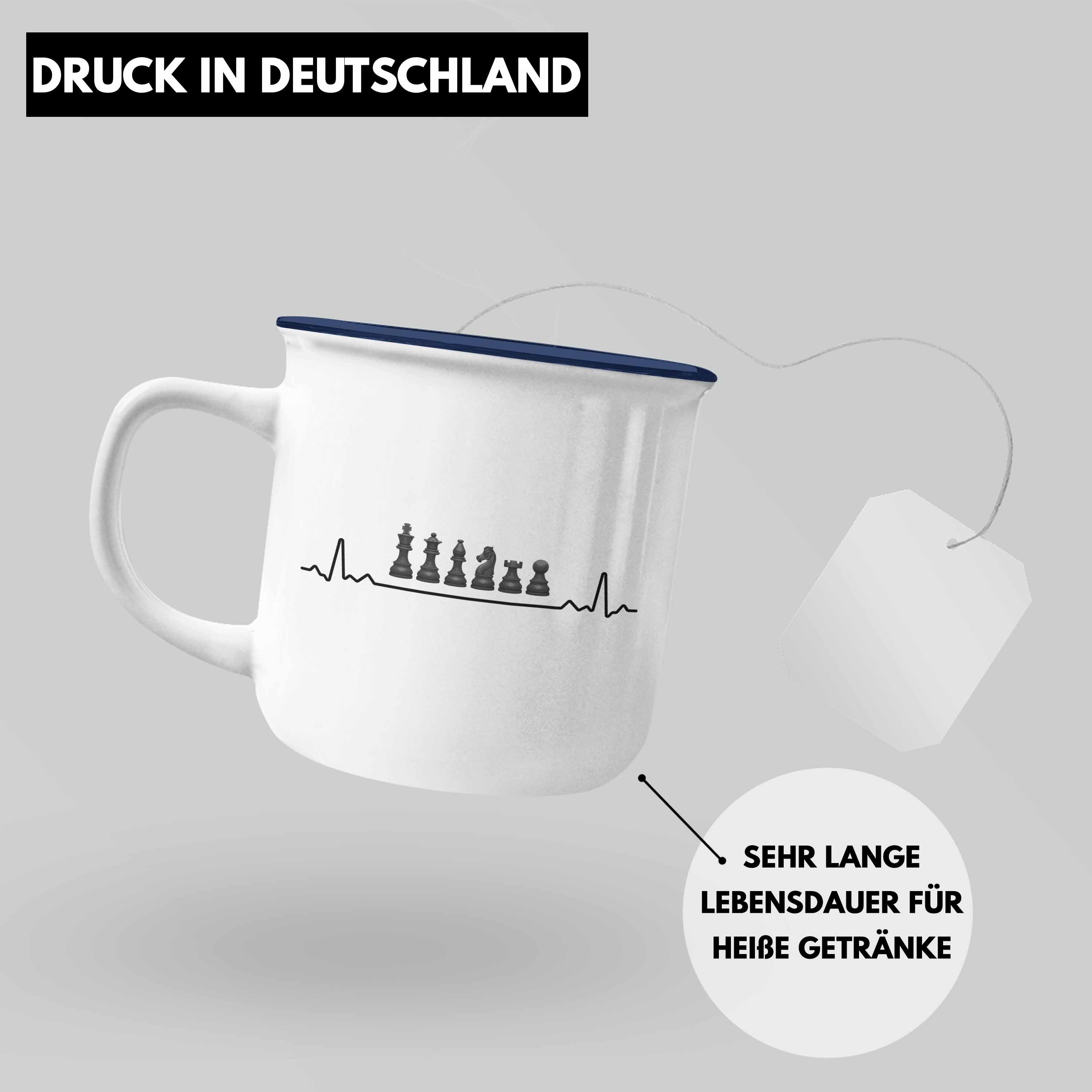 Emaille Trendation Tasse Blau Schachfiguren Thermotasse - Grafik mit Geschenk Geschenkidee Spruch Schach Schachspieler Trendation