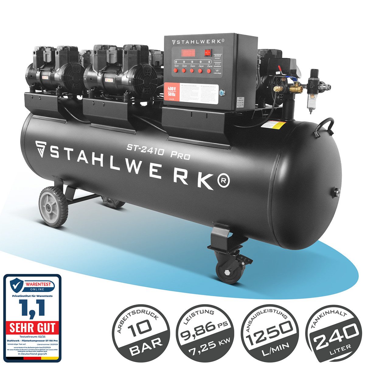 STAHLWERK Kompressor Kompressor 10 bar 240 L 9,86 PS 7,25 kW 1250 l/min Druckluftkompressor, 240 l, 1-tlg.
