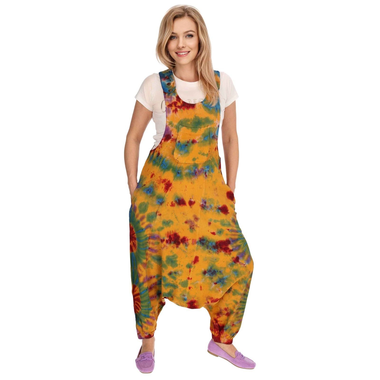 KUNST UND MAGIE Latzhose Tie Dye Batik Latzhose Haremshose Hose Psy 70er Boho Jumpsuit Bunt Orange