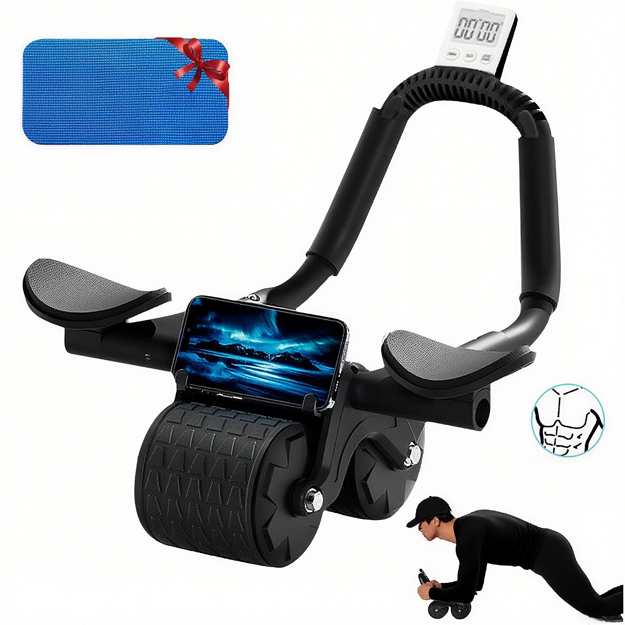 POPOLIC AB-Roller Bauchtrainer Roller Bauch-Übung Bauchmuskelmaschine Core Wheel (Bauchroller automatische Rebound Bauch-Rolle Massagerolle Fitnessrolle, 1-St., Doppel-Rad-Rolle Ausrüstung für Core-Training mit Timer, Matte), für zu Hause Ellbogenstütze