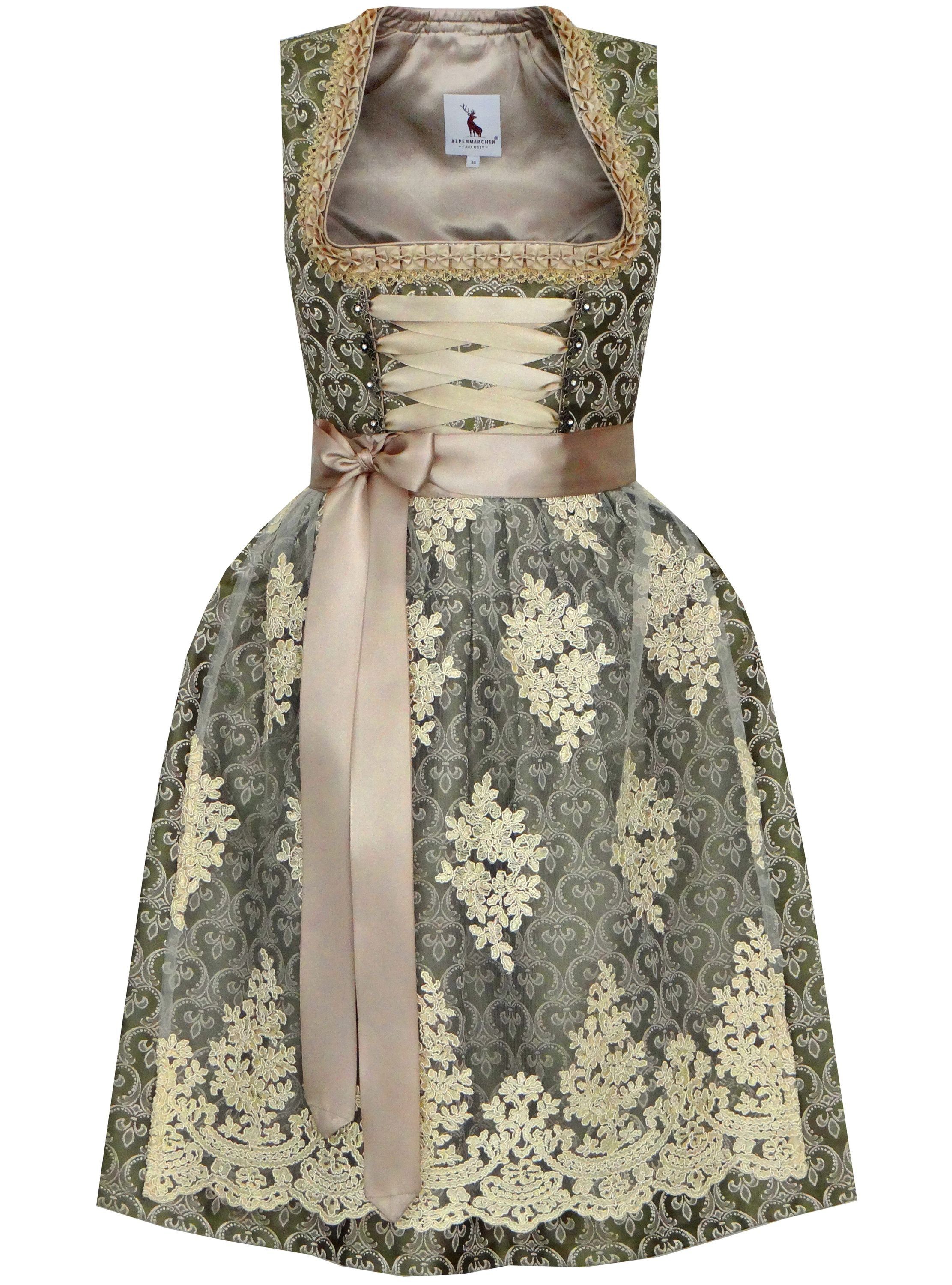 Alpenmärchen Midi-dirndl uit exclusieve collectie incl. kanten schort, maat 32-54 - ALM650, grijs, oudroze, 38