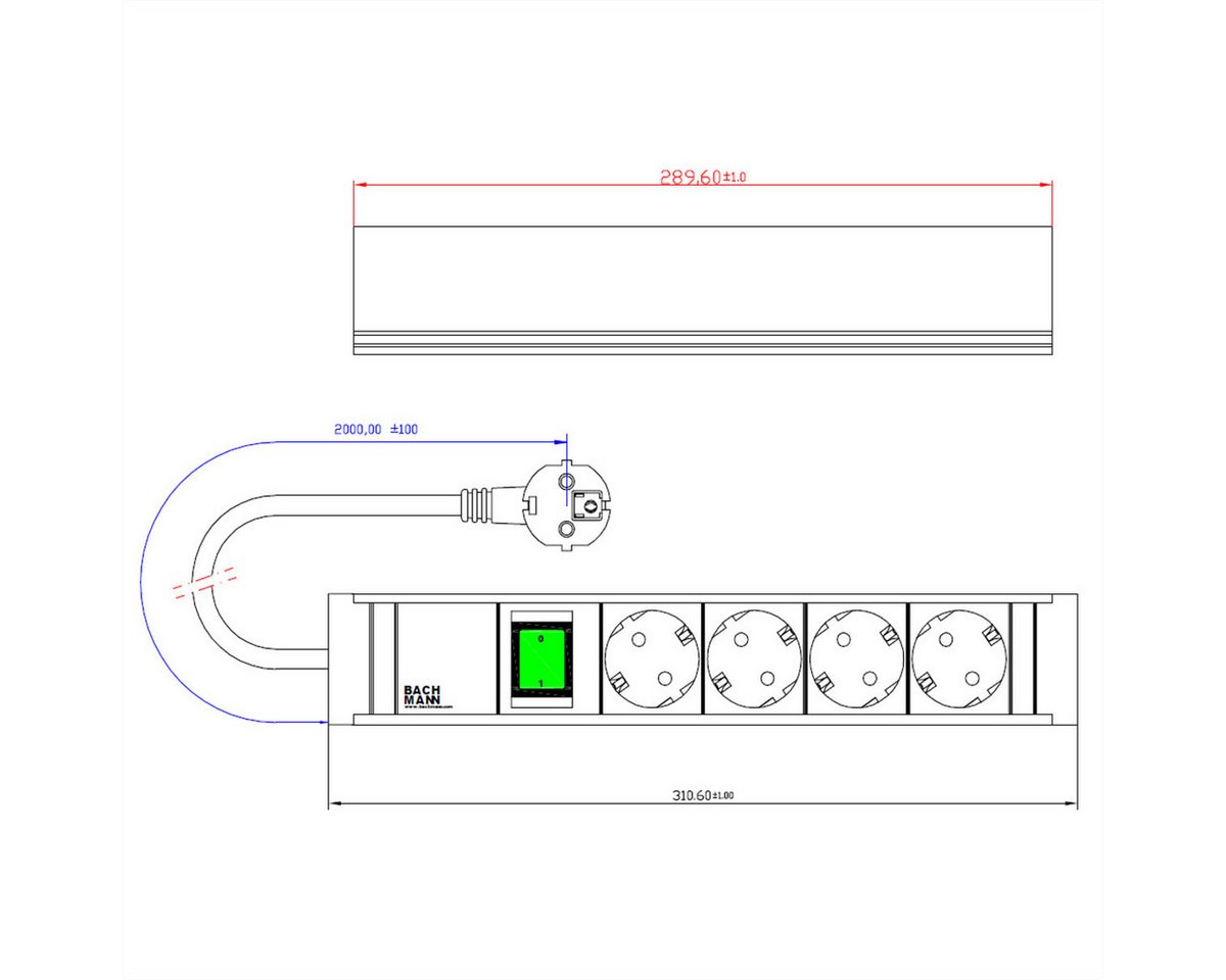 Thumbnail - Bachmann CONNECT LINE 4xSchutzkontakt Steckdosenleiste (Kabellänge 2 m), Schalter