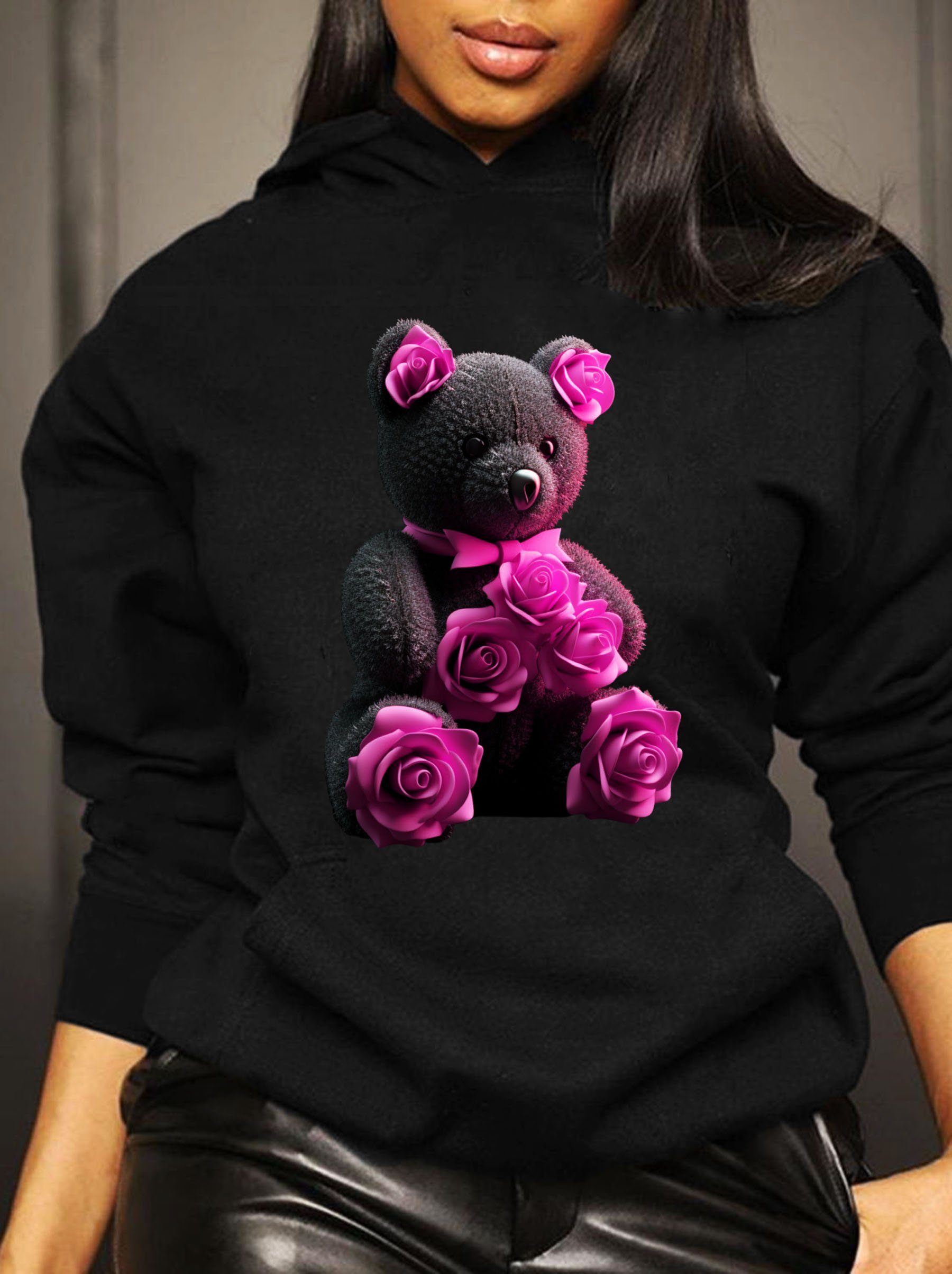 RMK Kapuzenpullover Damen Hoodie Pullover Basic Pulli mit Teddybär Herzen Rosen mit Kaputze, mit lizenziertem Print