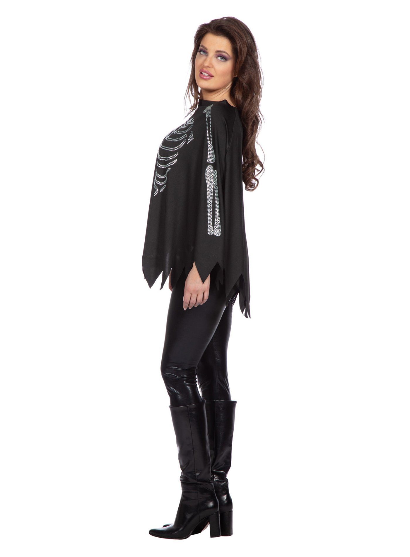 Metamorph Kostüm Poncho mit Glitzerskelett, Halloween-Umhang mit Glitzerbesatz