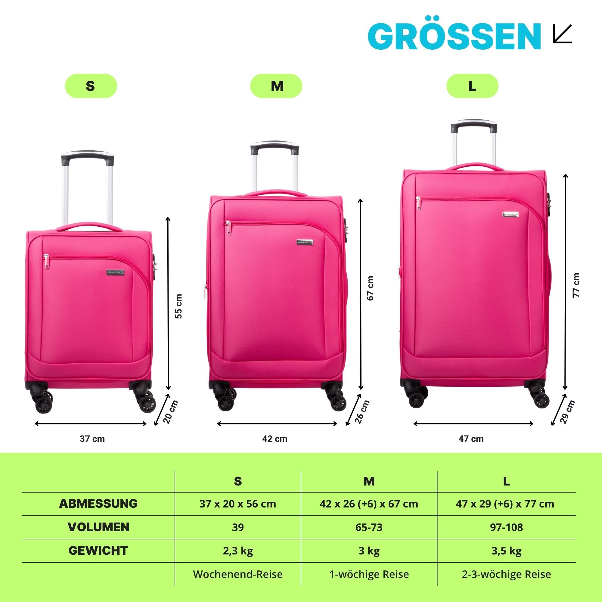 Crosstravel Trolleyset Monterey, 4 Rollen, (3 tlg., Weichgepäck Trolley Set), Volumenerweiterung bei Größe M+L
