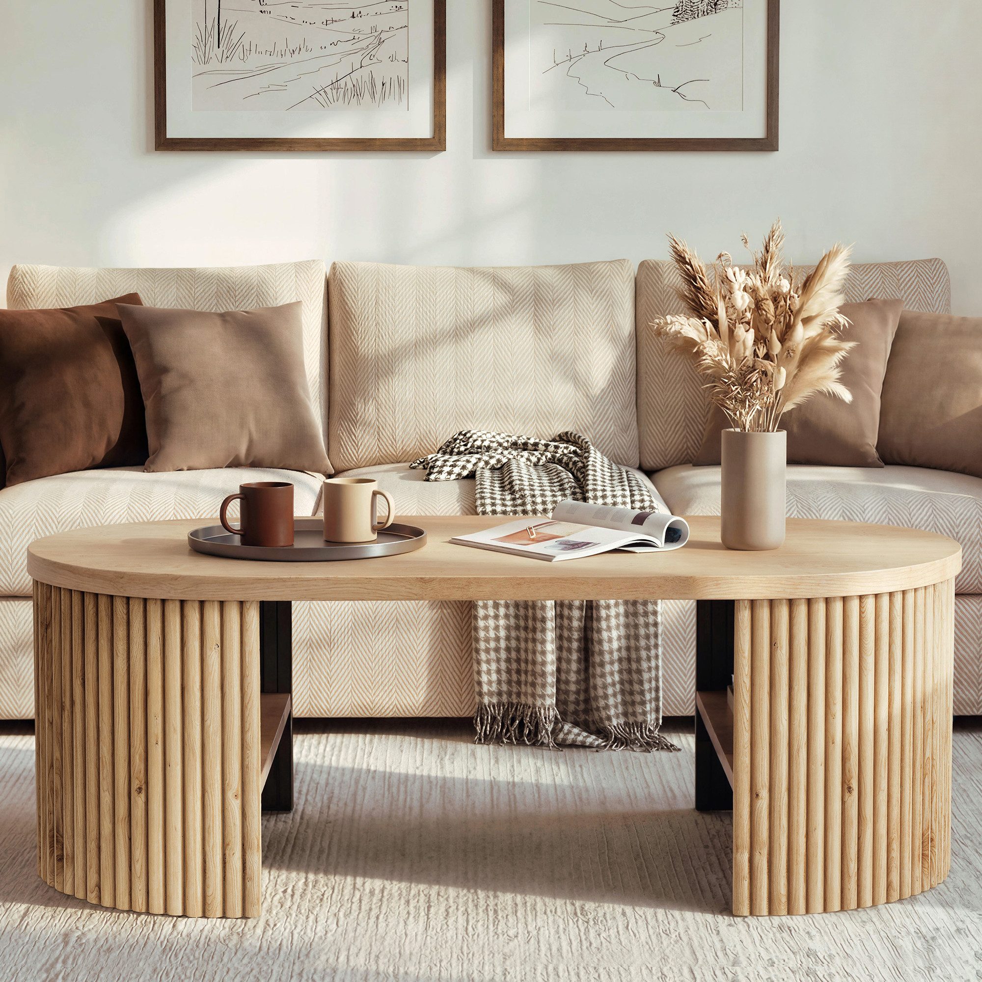 Merax Couchtisch Ovaler Sofatisch Beistelltisch im Rillen-Design skandinavisch (1-St), Wohnzimmertisch mit Ablagefach & Stauraum, 100x50x35cm
