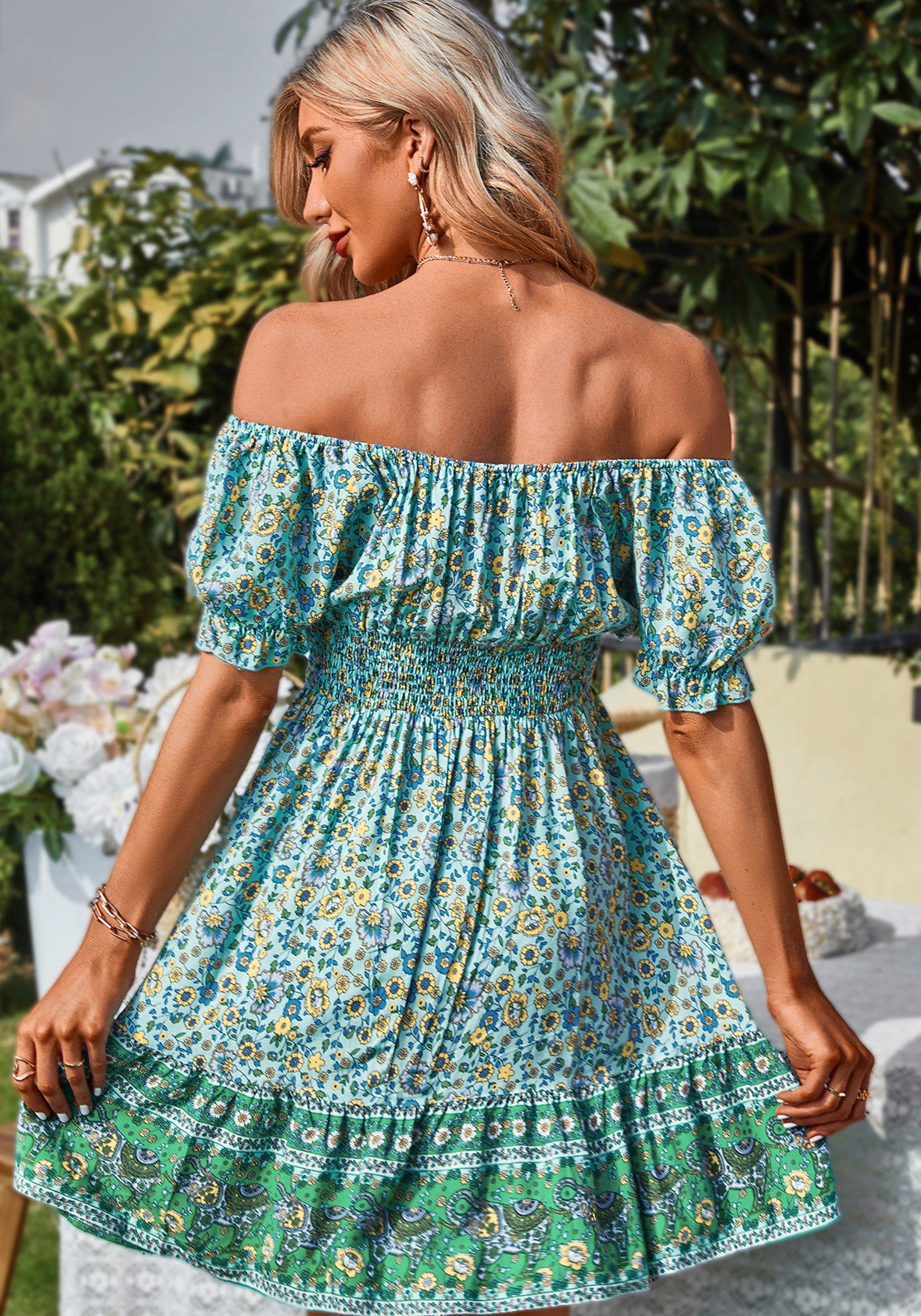 MAGICSHE Strandkleid »Sommer Boho schulterfreies kurzes Kleid«  Blumenmuster, kurzer Rüschenärmel, Brustschnürung, Elastische Taille online  kaufen | OTTO