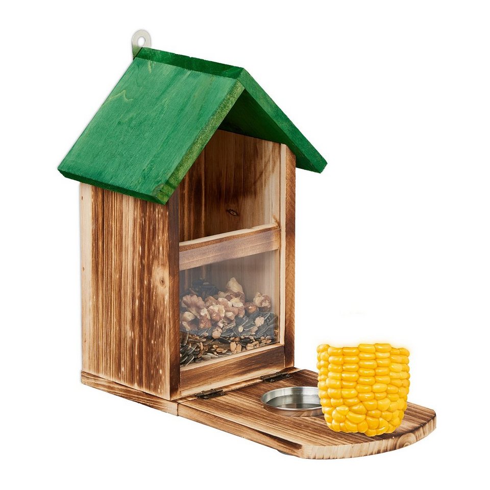 MIXXIDEA Eichhörnchen-Futterspender für den Außenbereich, Holz, Eichhörnchen -Futterstation mit grüner Abdeckung, einfach zu befüllen, Eichhörnchen- Futterhaus (grün, 1 Stück