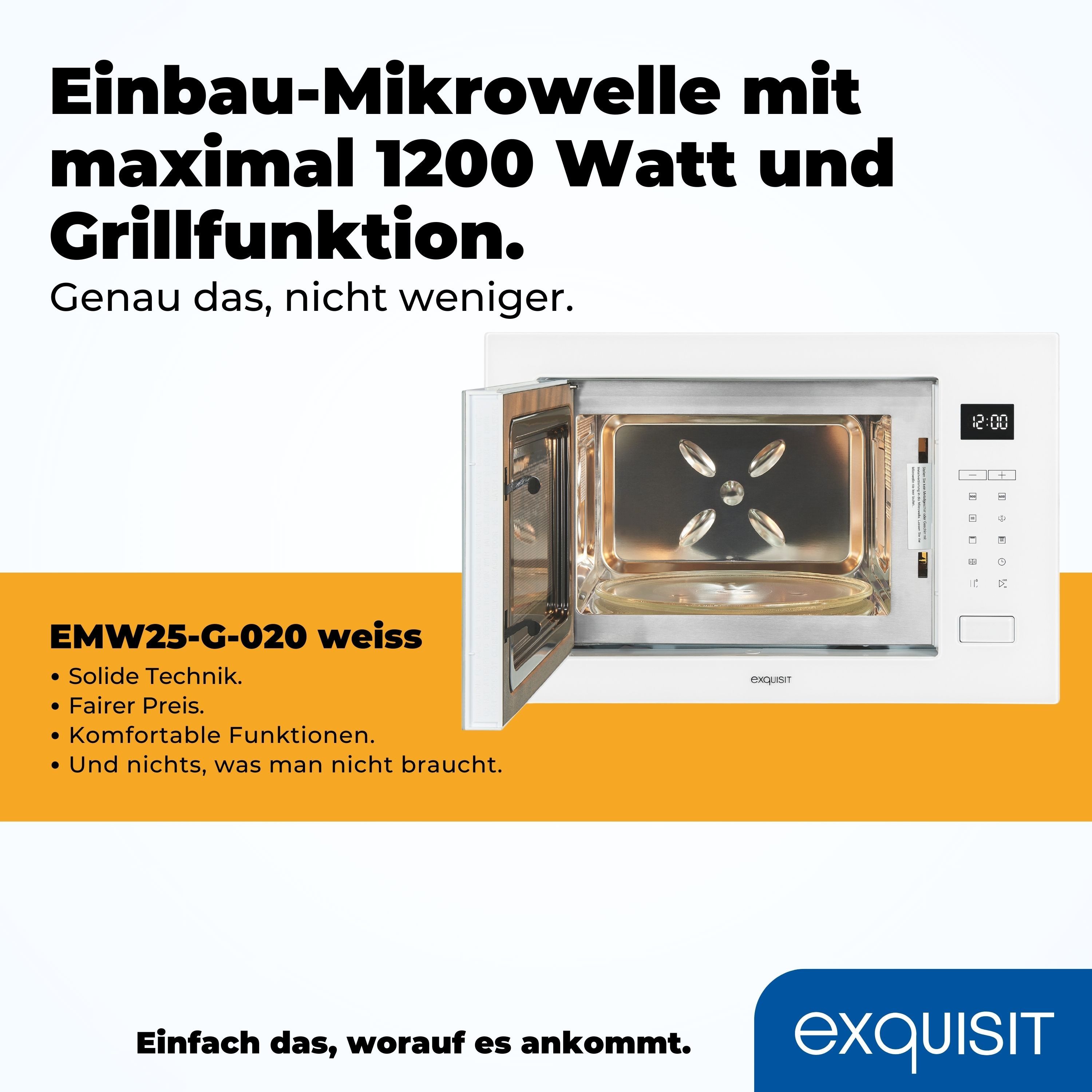 exquisit Einbau-Mikrowelle EMW25-G-020, Grill, Mikrowelle, 25 l, 2-in-1 Gerät: Aufwärmen oder Grillen – Genuss im Handumdrehen