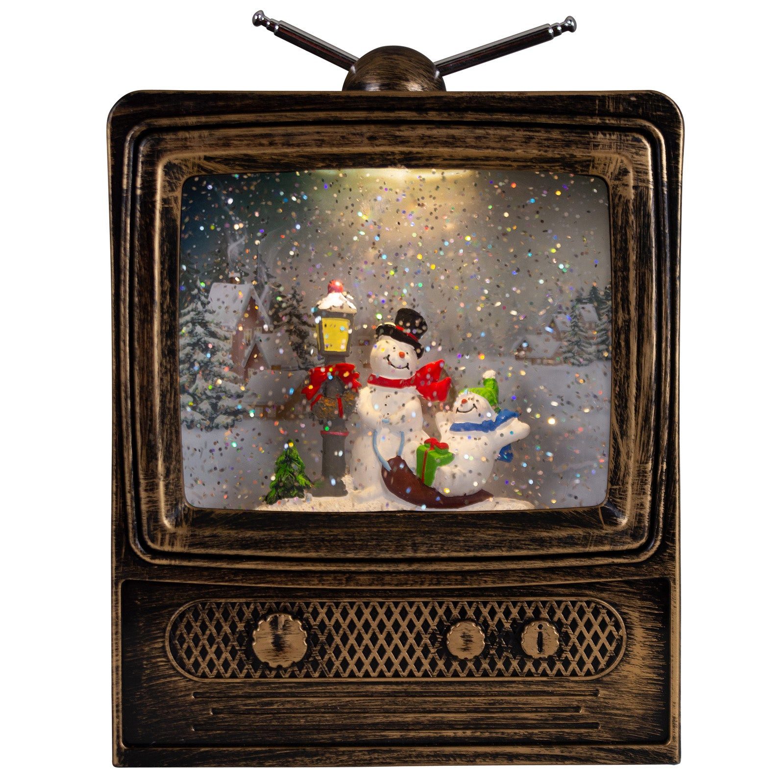Christmas Paradise LED Laterne schneiender Fernseher 24 cm, Weihnachtsdeko, zuschaltbare Weihnachtsmusik, LED, warmweiß, schneit im Inneren, TV, bronze