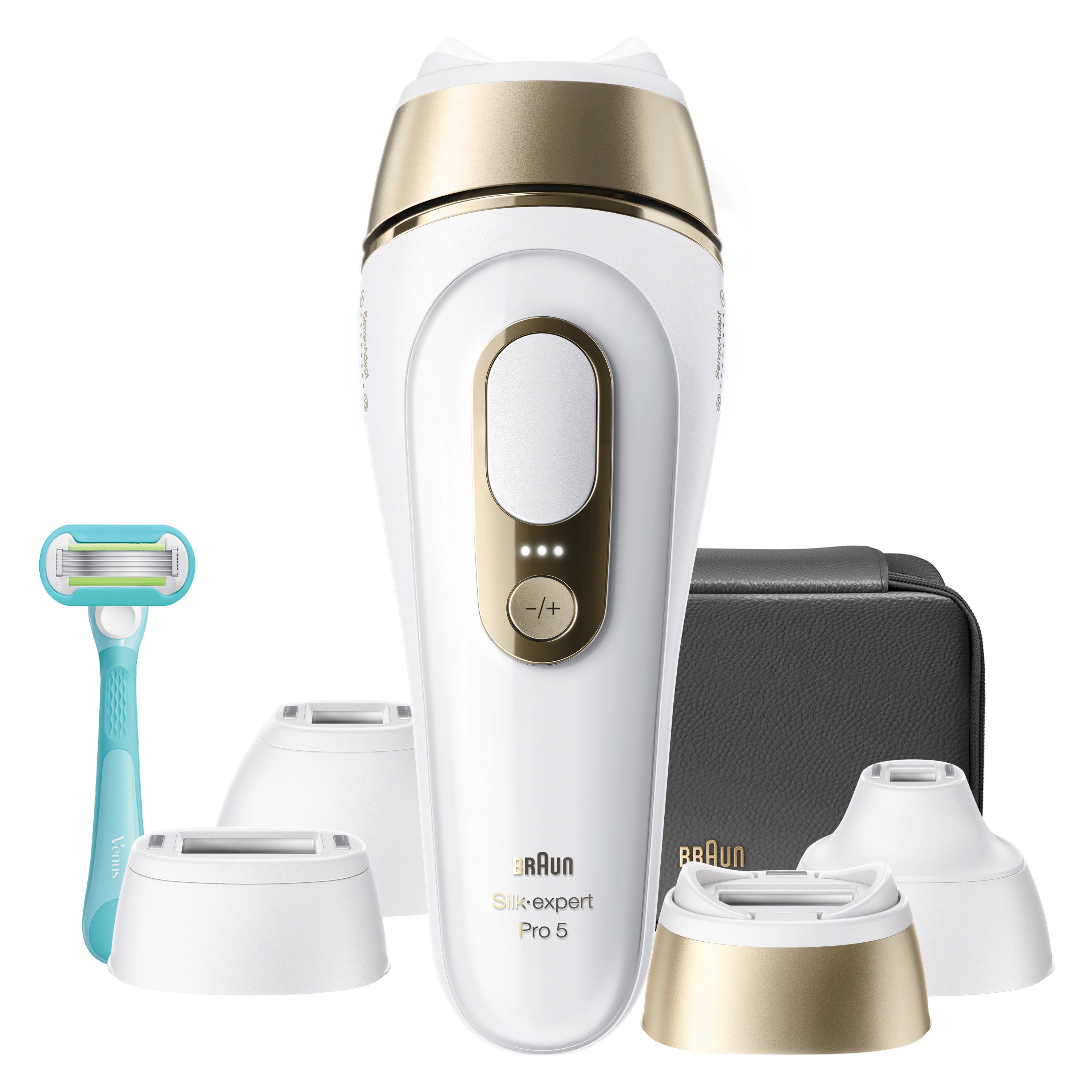 Braun IPL-Haarentferner Silk·expert Pro 5 PL5431 (Modell 2026) PL5262 (Modell 2025), pro Minute bis zu 125 Lichtimpulse, 3 Aufsätze, Aufbewahrungstasche, Venus Rasierer