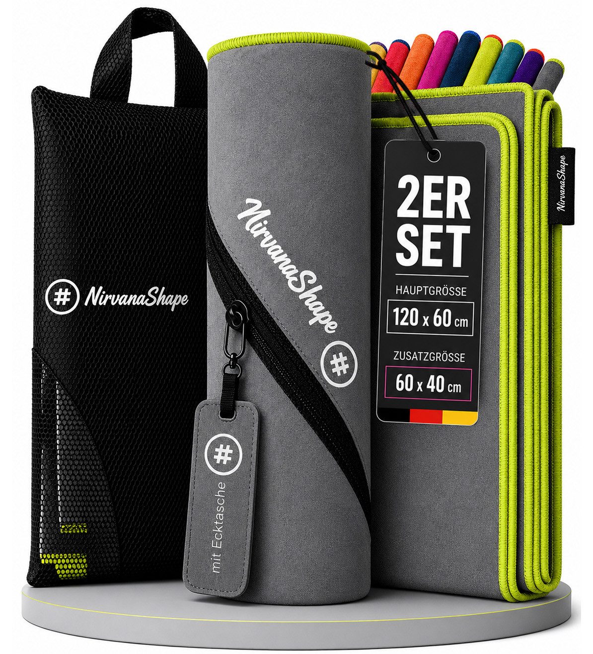 NirvanaShape Reisehandtuch Mikrofaser Handtücher [2er SET] Badehandtuch Reisehandtuch Strandtuch, Ecktasche mit Reißverschluss, saugfähig, leicht, schnelltrocknend