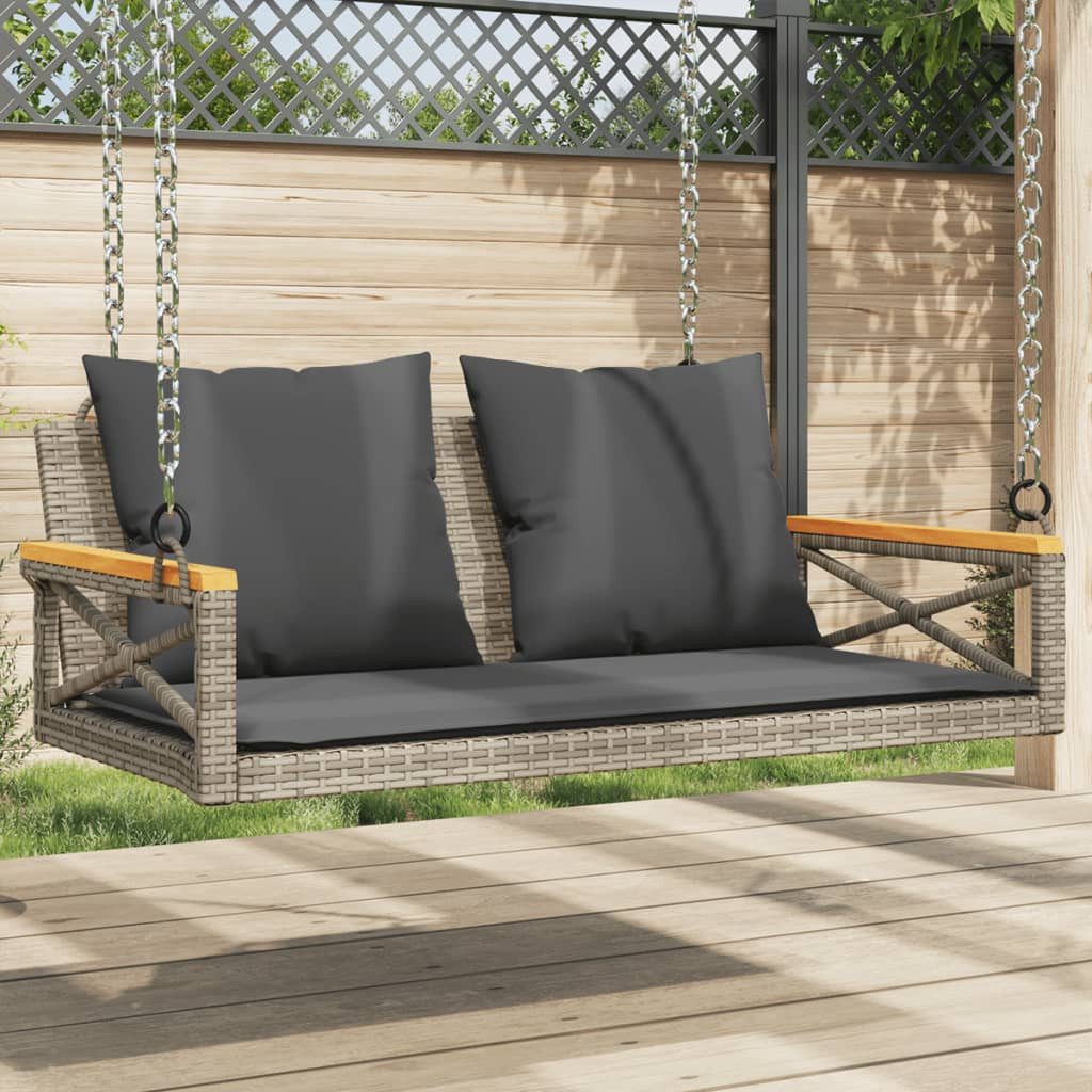 furnicato Gartenbank Schaukelbank aus PE-Rattan mit Echtholz, 109x62x40 cm, Grau (1-St), Stabile Hollywoodschaukel mit waschbaren Kissen für den Garten