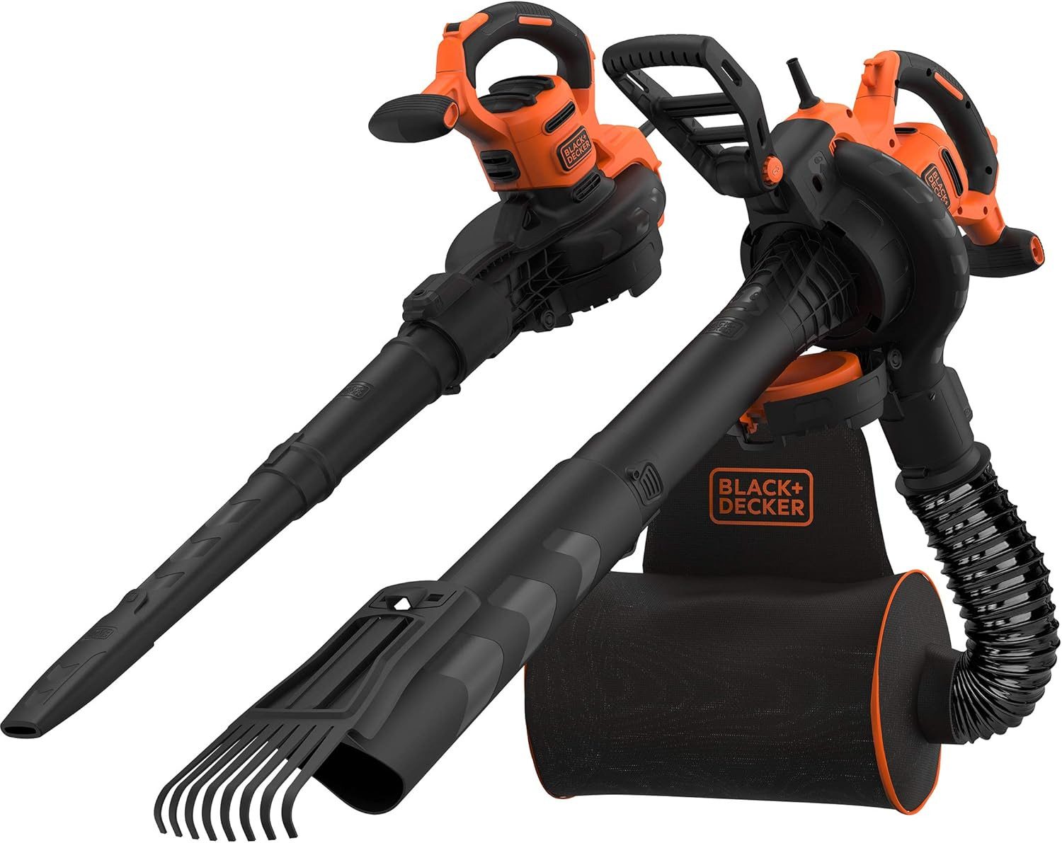 Black + Decker Elektro-Laubsauger 3-in-1 Elektro-Laubsauger/bläser mit Häcksler, aufsteckb. Laubrechen, (1 St)