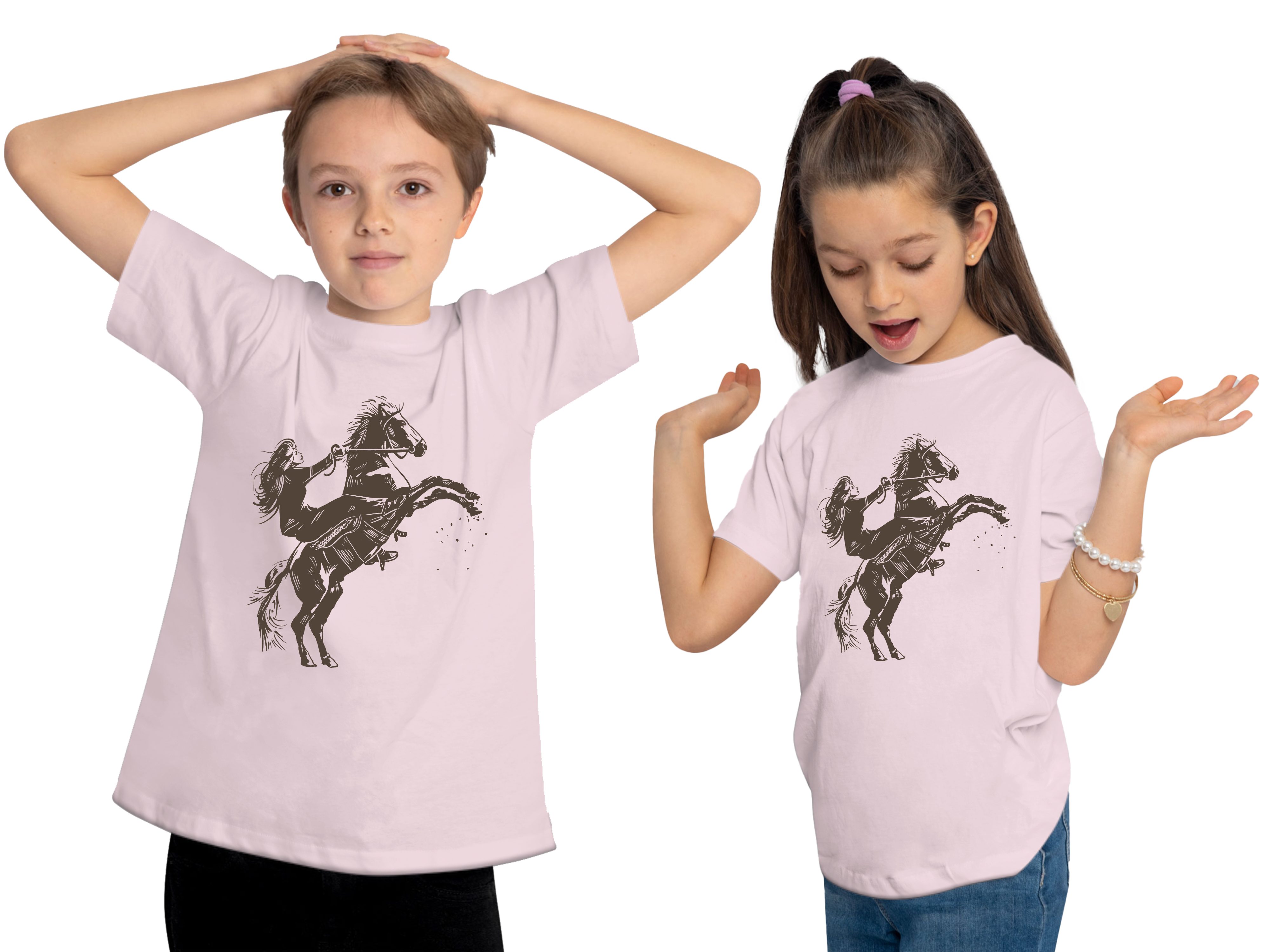 Shirt MyDesign24 Kinder Print Pferd - Reiter Aufsteigendes T-Shirt Aufdruck, mit Baumwollshirt rosa i252 mit Pferde bedruckt