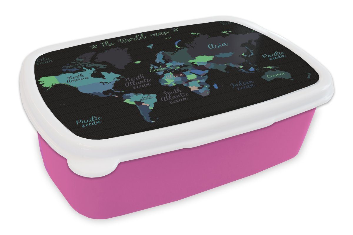 MuchoWow Lunchbox Weltkarte - Braun - Einfach, Kunststoff, (2-tlg), Brotbox für Erwachsene, Brotdose Kinder, Snackbox, Mädchen, Kunststoff rosa