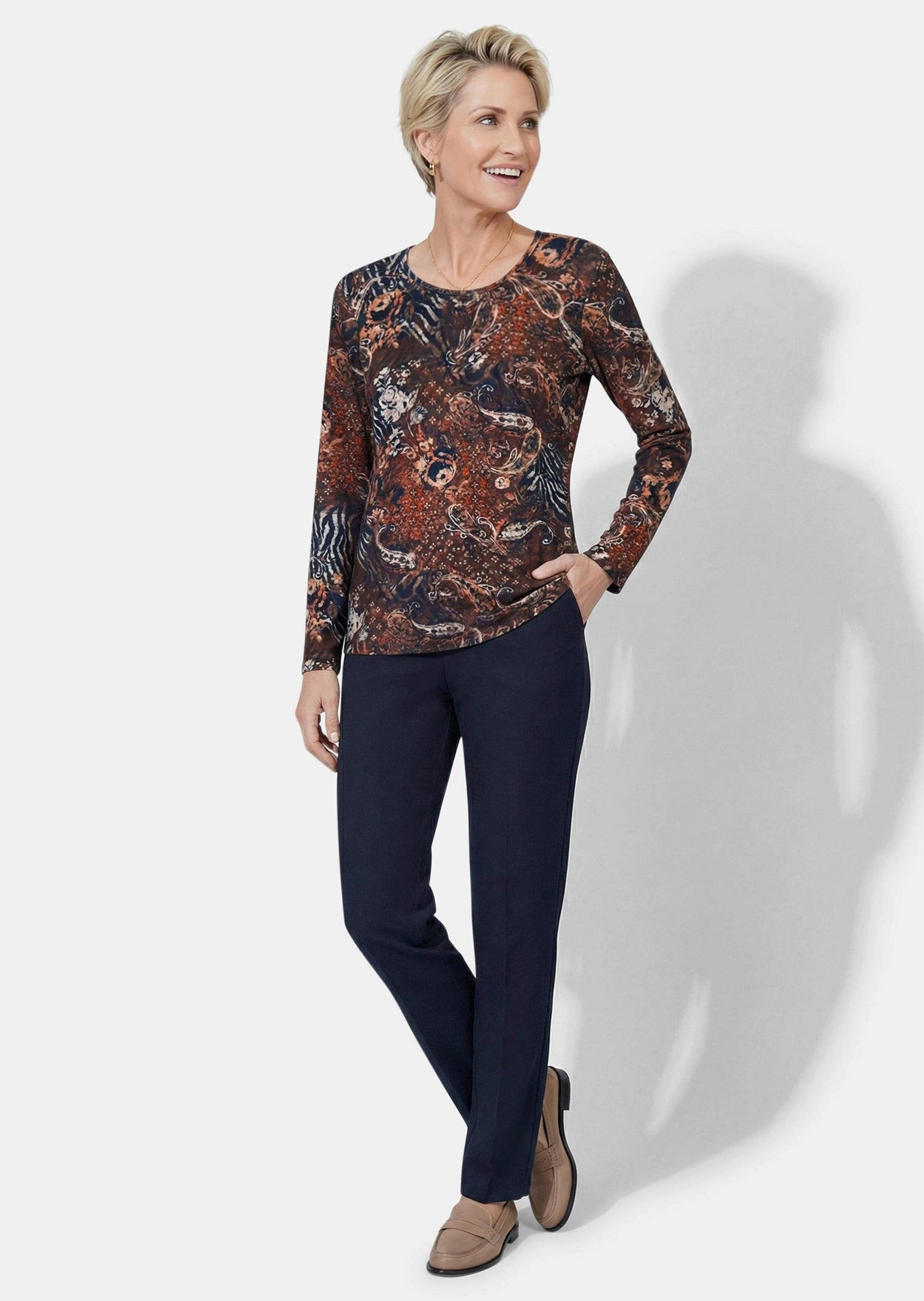 GOLDNER Print-Shirt Kurzgröße: Jerseyshirt mit Paisley Figurumspielendes Langarmshirt mit Soft Touch und Rundhals