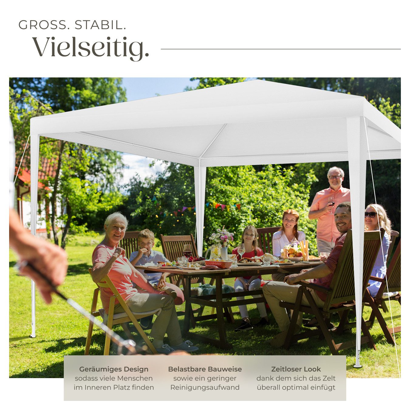 tectake Pavillon Partyzelt Barinas mit 3 Seitenteilen, wasserdicht, 3x3m, mit 3 Seitenteilen, (300 x 300 x 250 cm, Komplettset), abnehmbare Seitenteile