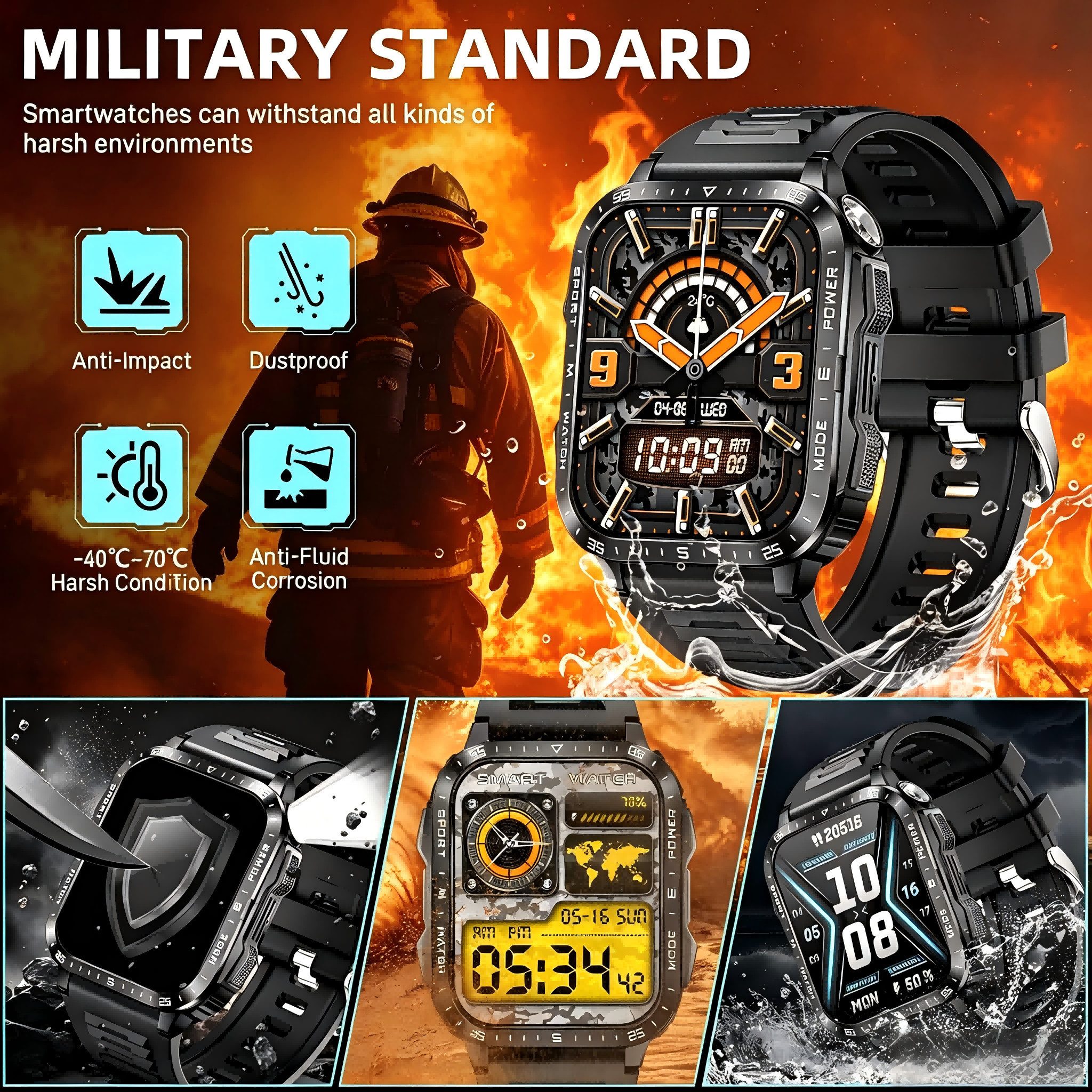 ibettertec Herren Smartwatch Militärisch mit Bluetooth Telefonie Smartwatch (4.98 cm/1,96 Zoll) 3ATM Wasserdicht, 1,96 Zoll HD Display, Zwei Armbänder, LED-Taschenlampe, 430mAh Akku, Fitnessuhr für Android iPhone