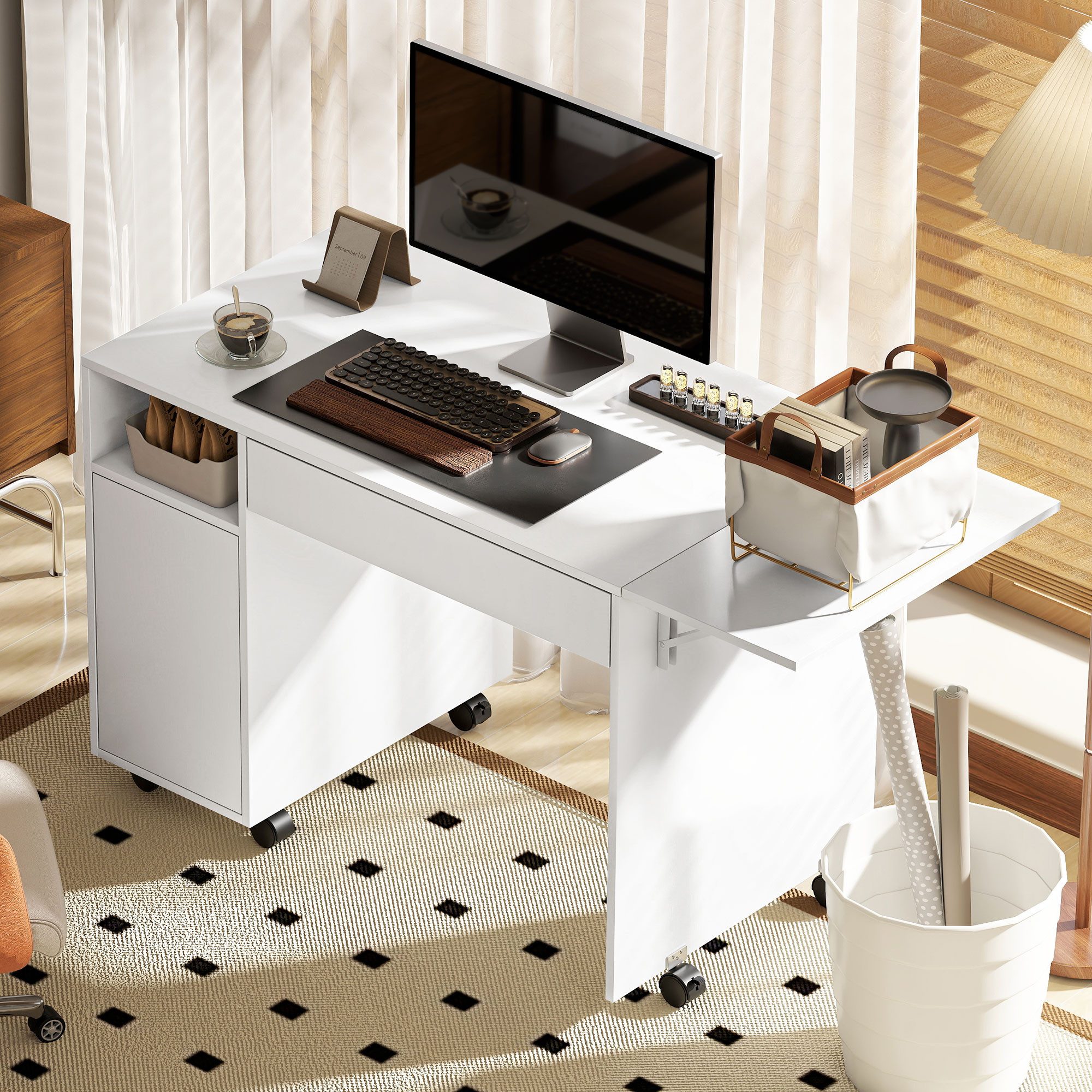 HOMCOM Schreibtisch Bürotisch mit Schublade und Schrank, offenes Fach, verstellbar (Klappschreibtisch, 1-St., Platzsparend Computertisch), für Arbeitszimmer, Wohnzimmer, Weiß
