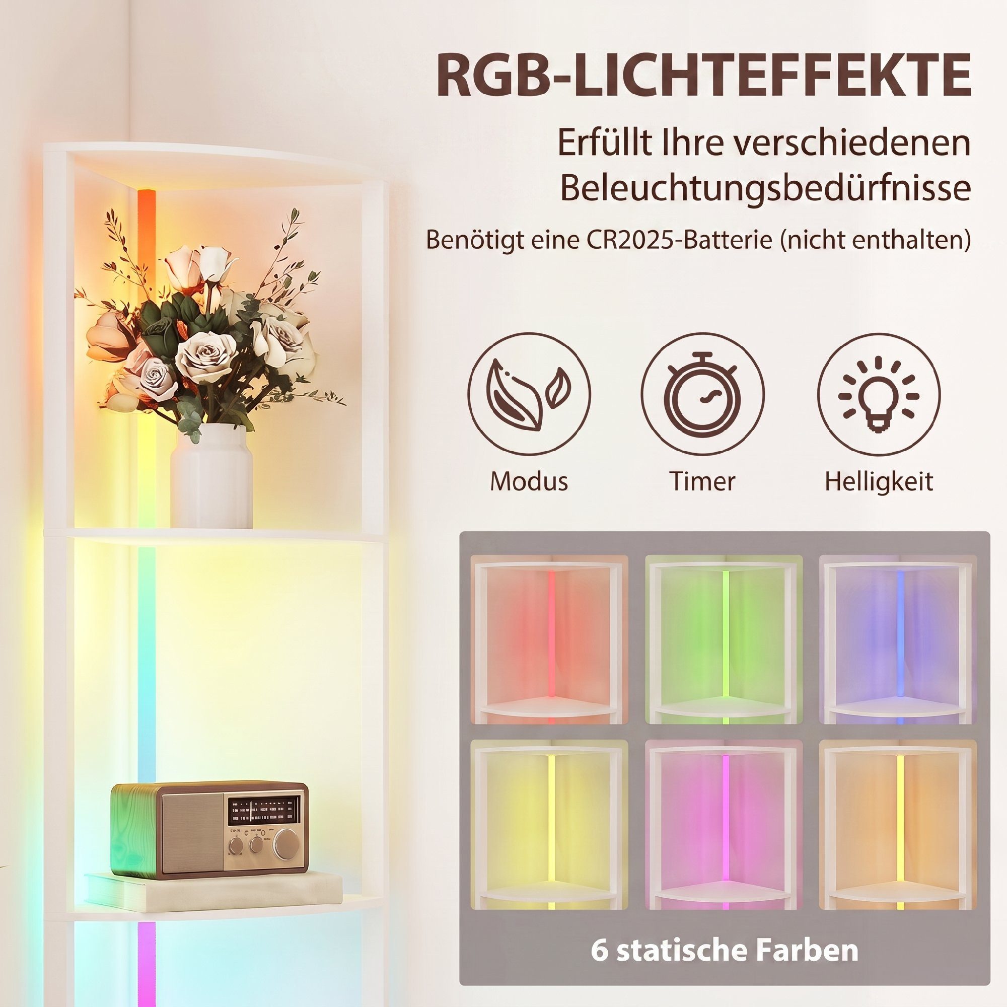 HOMCOM Stehlampe LED 5-stufig dimmbare Stehleuchte mit Regal, RGB Farbwechsel, RGB-Beleuchtung, Fernbedienung, LED, RGB, RGB-LED, Fernbedienung, 5 Ablagen – Bild 4 von 5