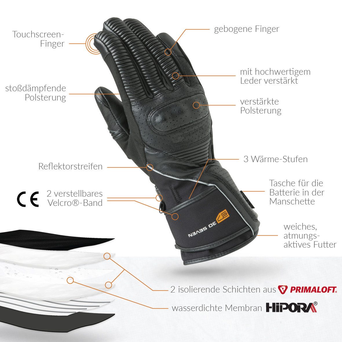 30seven Motorradhandschuhe beheizte Motorradhandschuhe aus Leder - schwarz 7,4V Set inkl. 2 Akkus & Doppelladegerät