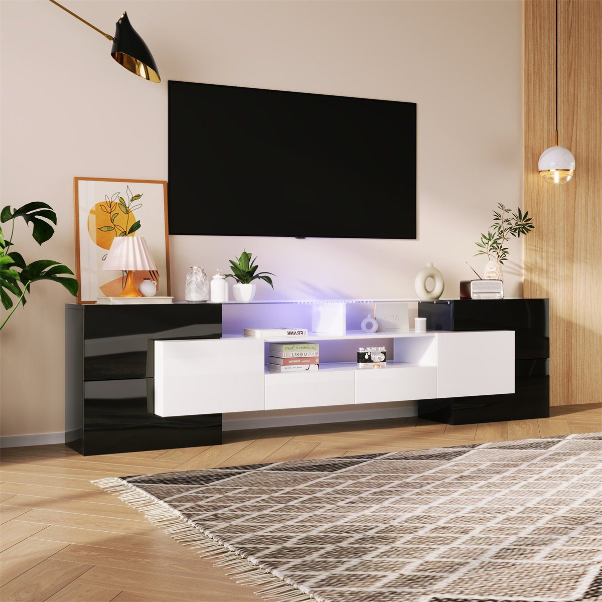 LED Lowboard,TV LED-Beleuchtung sechs drei Schwarz mit TV Schubladen TV-Schränke Türen, mit Fächern zwei und Halterung(200*30*61cm) autolock TV-Schrank