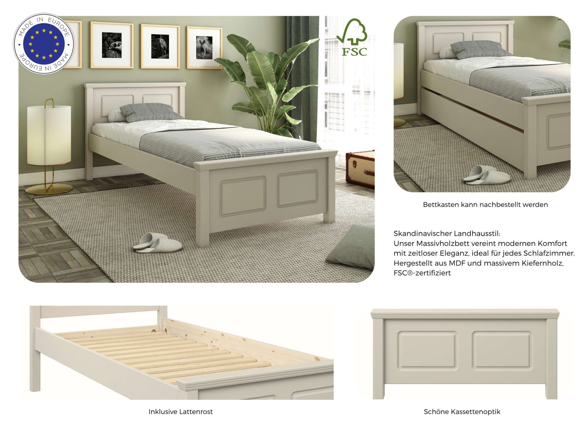 OTTO home Massivholzbett ERIK', Made in Europe, optional mit Schublade, Massivholz Kiefer (FSC® zertifiziert), in mehreren Größen, Landhausstil mit Kassettenopt – Bild 3 von 5