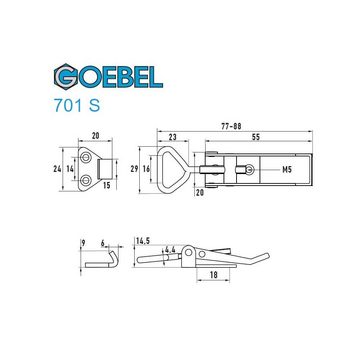 GOEBEL GmbH Kastenriegelschloss 5544512744, (10 x Exzenterverschluss 701 S kleines Exzenterverschluss, 10-tlg., Kistenverschluss - Kofferverschluss - Hebel Verschluss), gerader Grundtplatte inkl. Gegenhaken Edelstahl A4 (V4A)