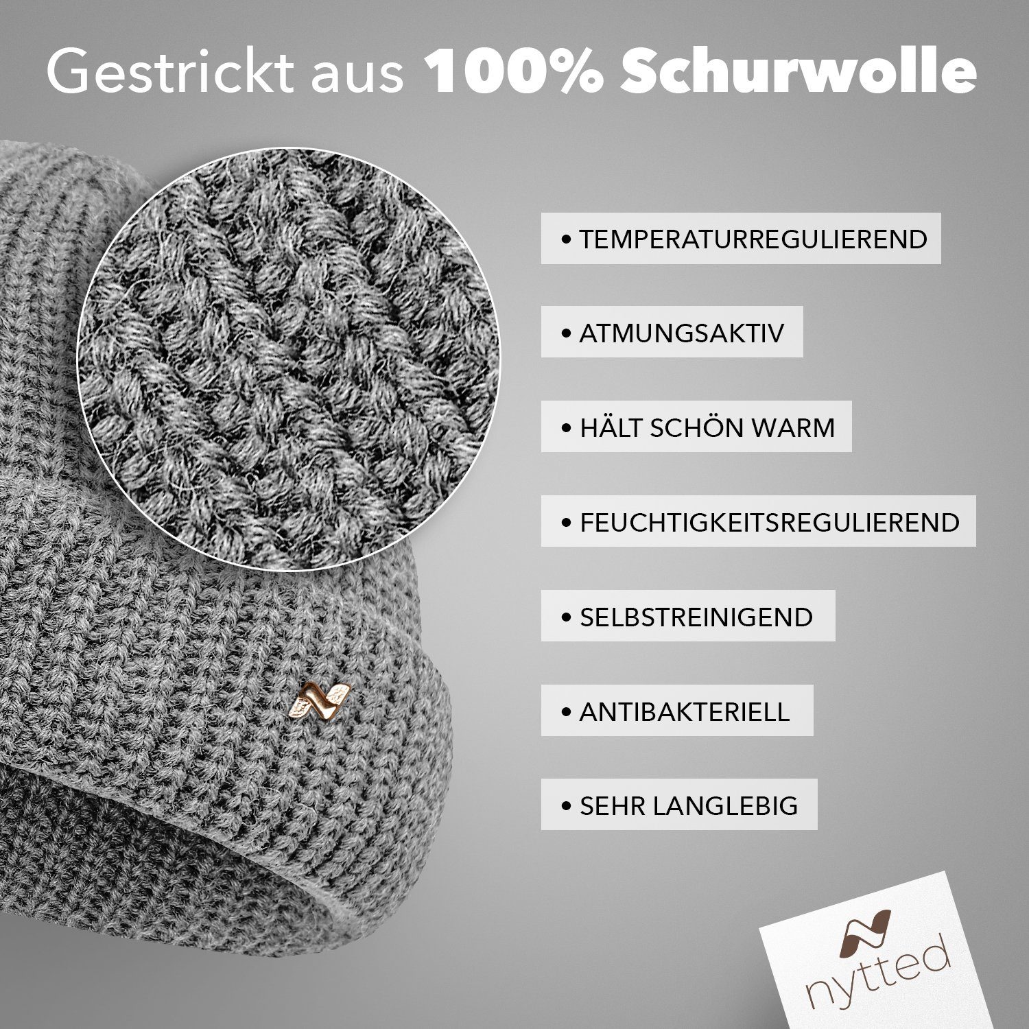 100% Wolle - - kurze Mütze- Made NYTTED® Strickmütze Germany UNISEX - hellgrau Costeau in