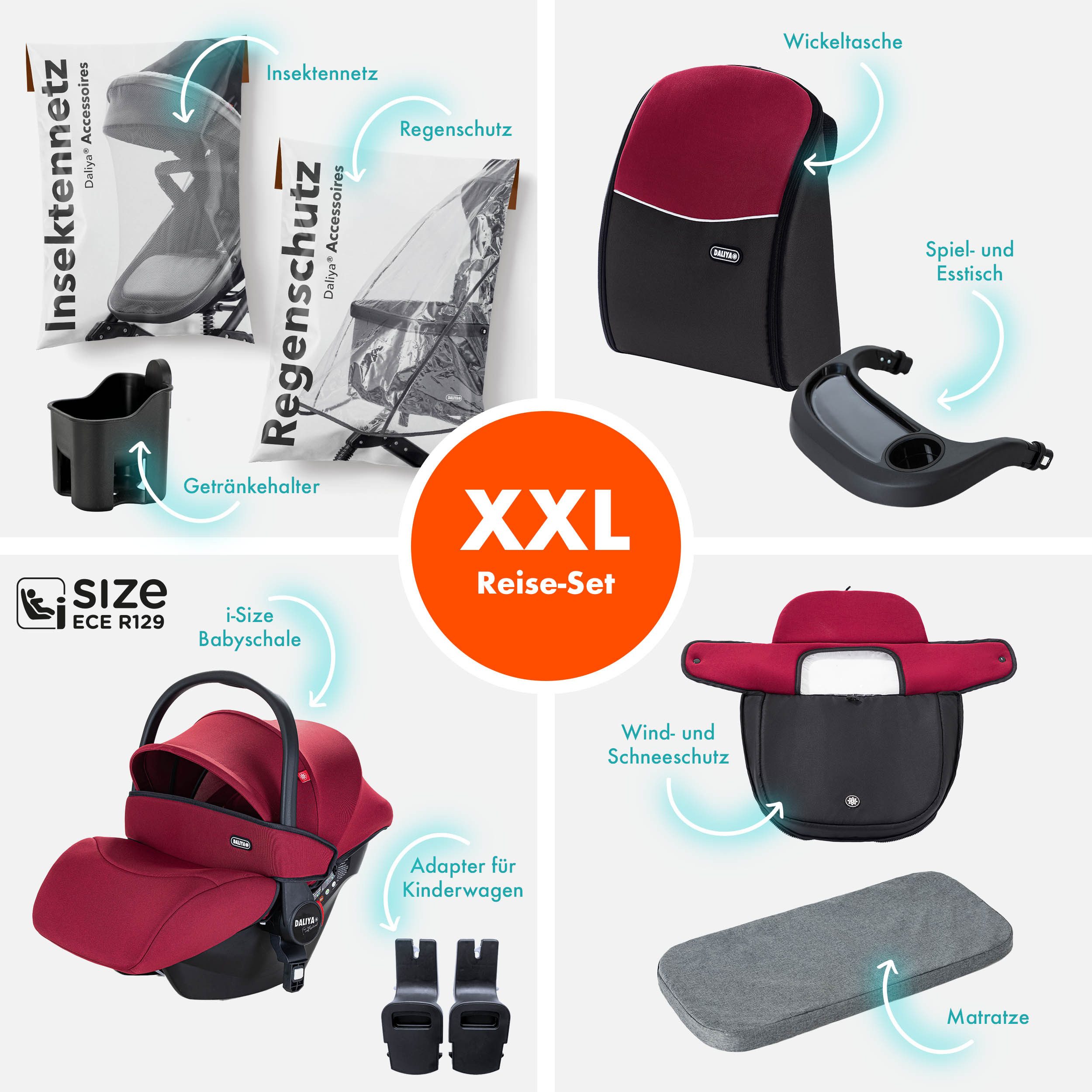 Daliya® Kombi-Kinderwagen BAMBIMO 3in1 Kinderwagen & Buggy mit Auto-Babyschale und Adapter, (XXL-Set inkl. Wickeltasche und Spieltisch, 15-tlg), Babyschale, Airless-Räder, Federung, weiche Matratze, Belüftungssystem