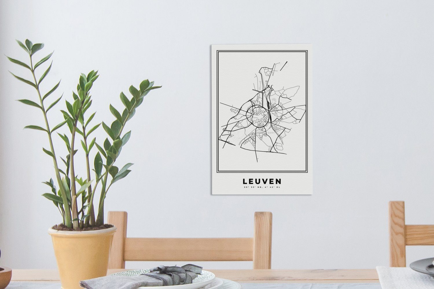 - St), (1 Grundriss, weiß Gemälde, und Belgien - Leinwandbild Leuven inkl. cm 20x30 Stadtplan - - bespannt Schwarz Karte - Leinwandbild fertig Zackenaufhänger, OneMillionCanvasses®